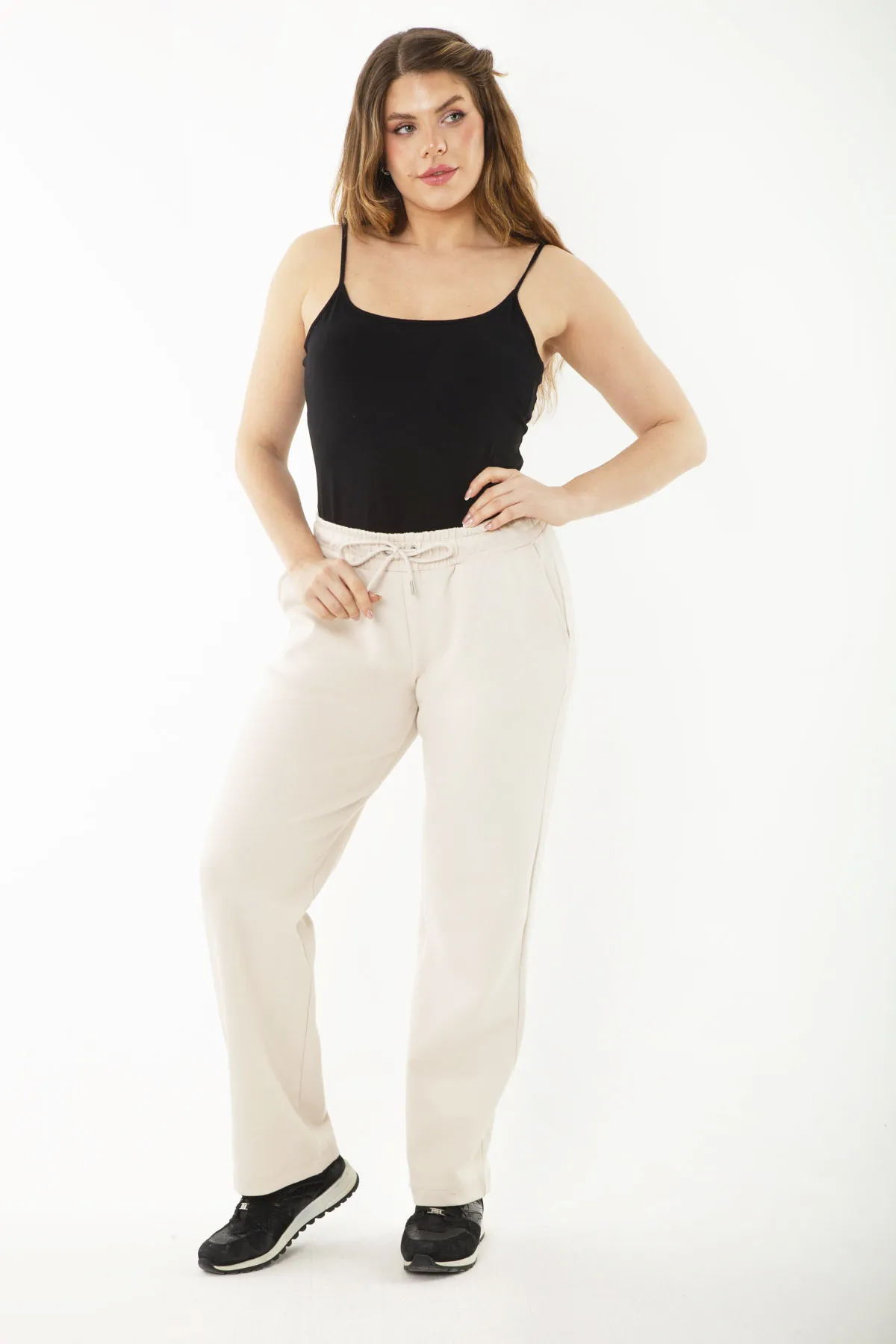 Şans  Damen-Trainingshose, große Größe, beige Taille, Ösenschnürung und elastische Seitentasche, Trainingshose 65n35418