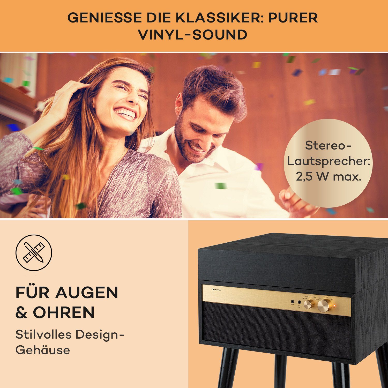 Auna Berklee TT Case Plattenspieler (Riemenantrieb, Bluetooth, Bluetooth lautsprecher Kopfhöreranschluss AUX IN Schwarz)