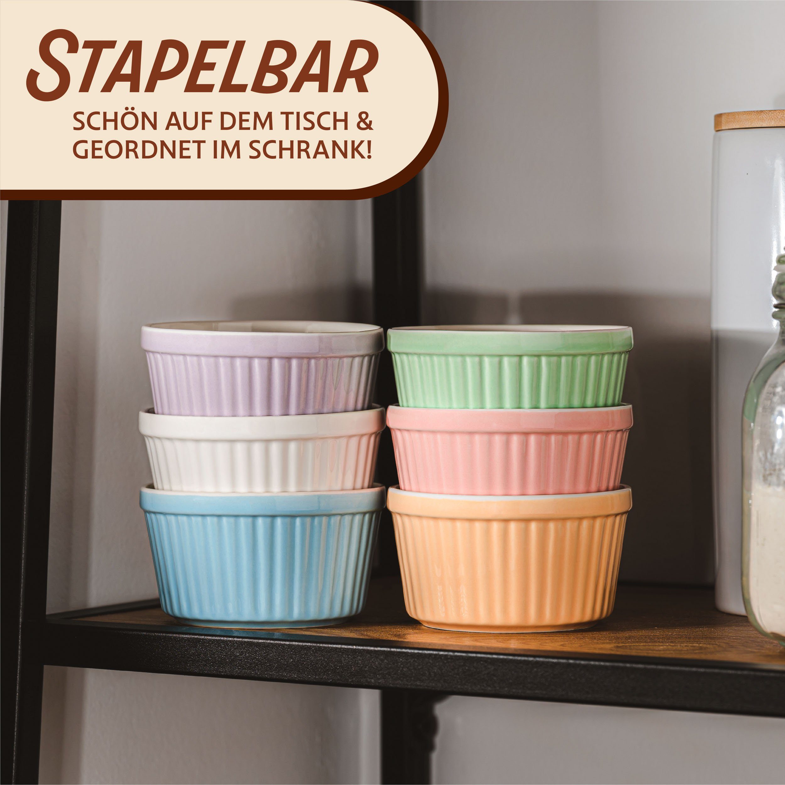 Praknu Auflaufform 6 Souffle Förmchen Ofenfest - Creme Brulee Schälchen - Kuchenbackform, Keramik, (6-St), Kuchenform Rund - Ineinander stapelbare Auflaufförmchen mit Antihaft