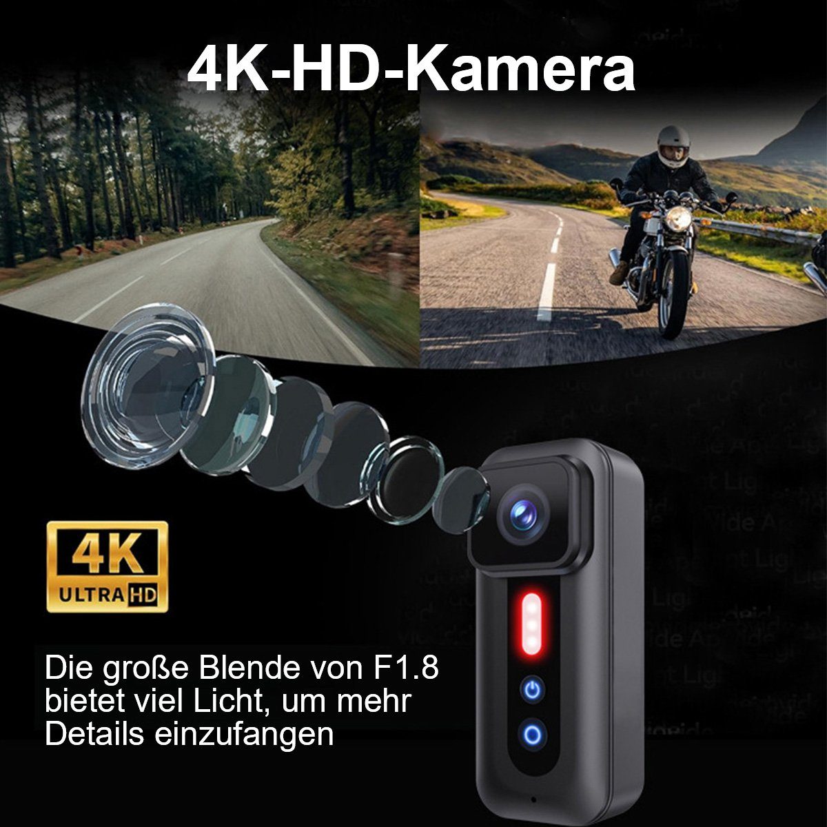 Yoyaxi Fahrrad-Motorrad-Fahrsport-Dashcam 4K, wasserdicht, WiFi-fähig. Dashcam (WLAN-Verbindung für Mobiltelefone, 155°-Weitwinkelansicht)