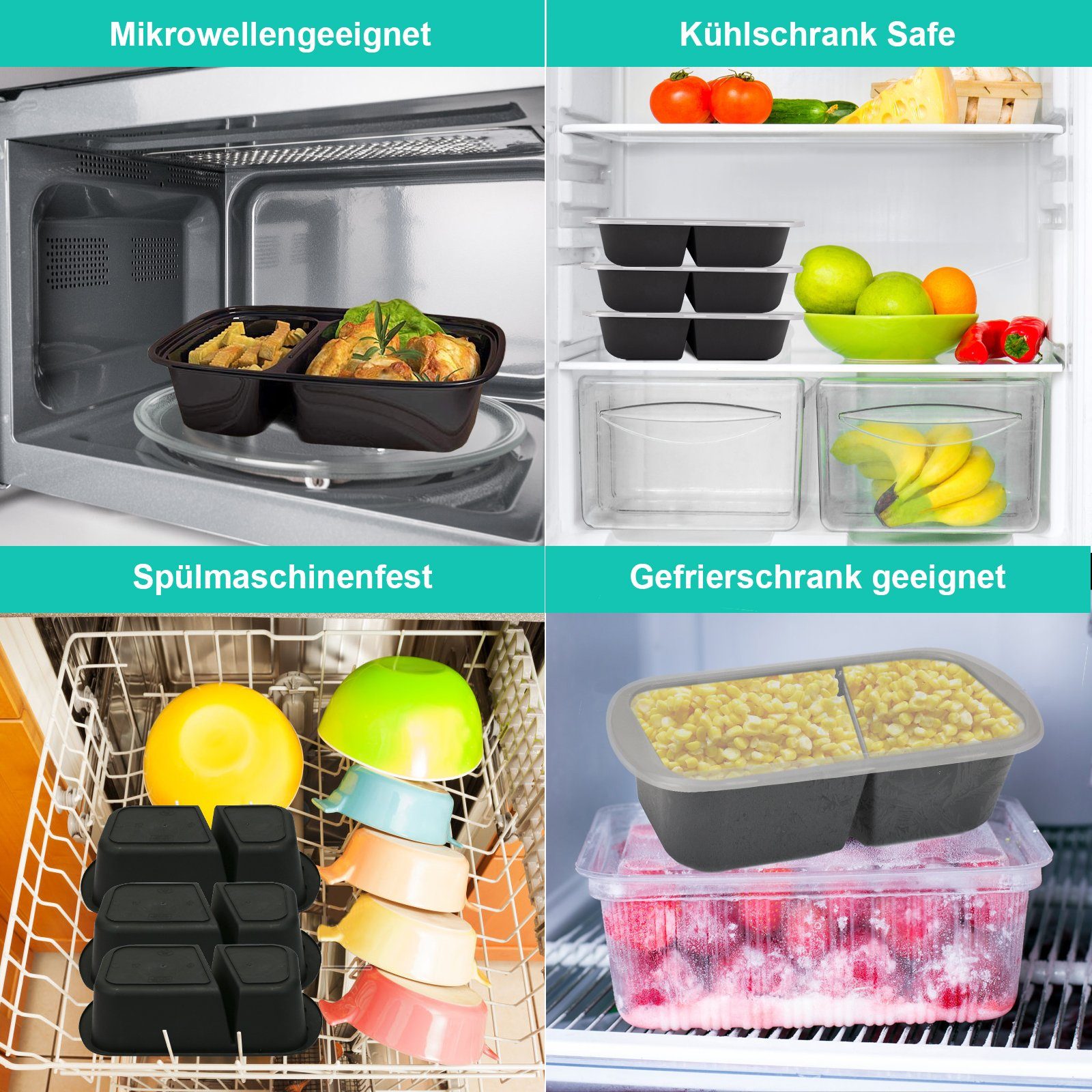 MDHAND Lunchbox 2 Fach 1000ML Brotdose, Polypropylen, (20-tlg), Wiederverwendbar Mikrowellengeschirr Spülmaschinenfest Luftdichter