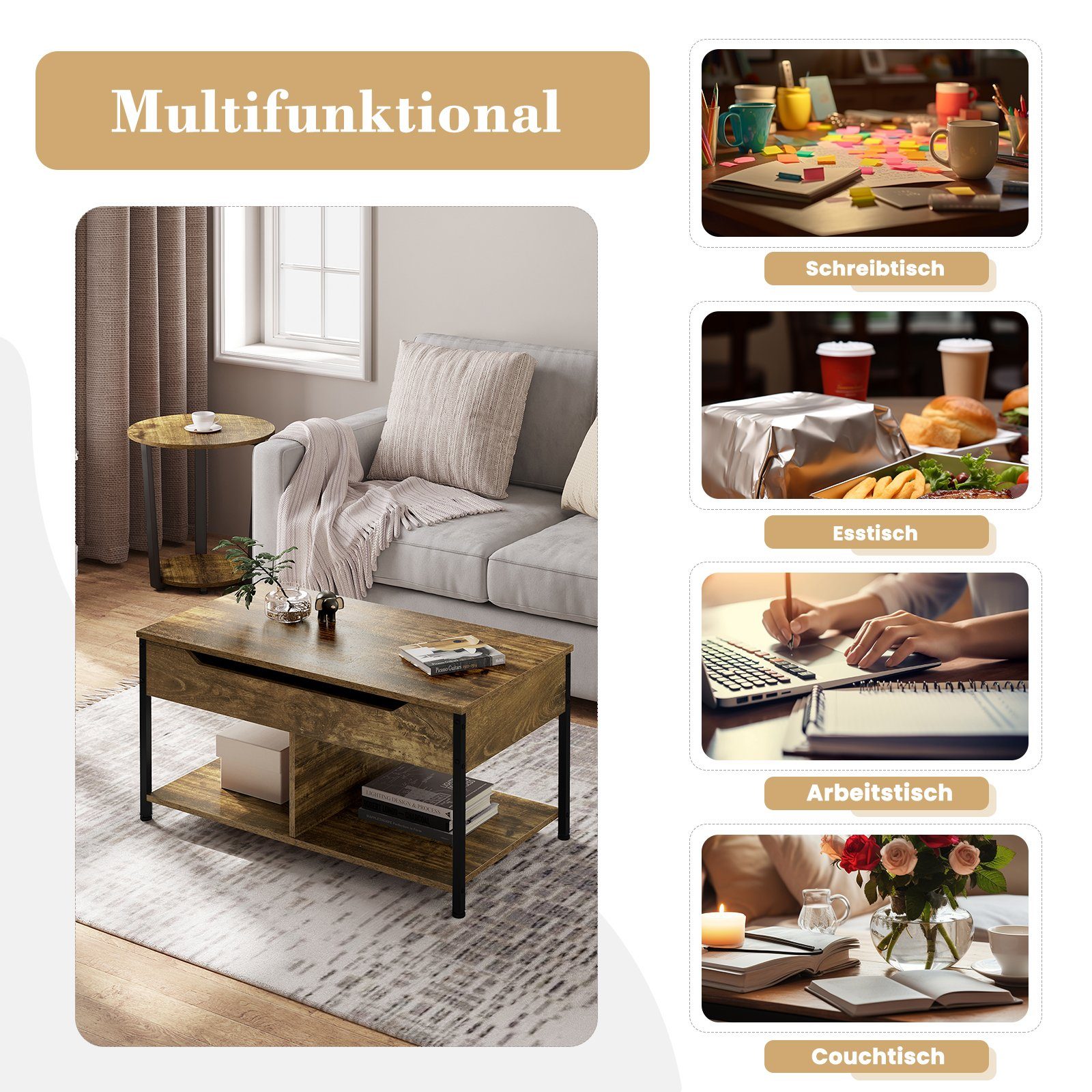 Woltu Couchtisch (1-St), offener und versteckter Stauraum, höhenverstellbar
