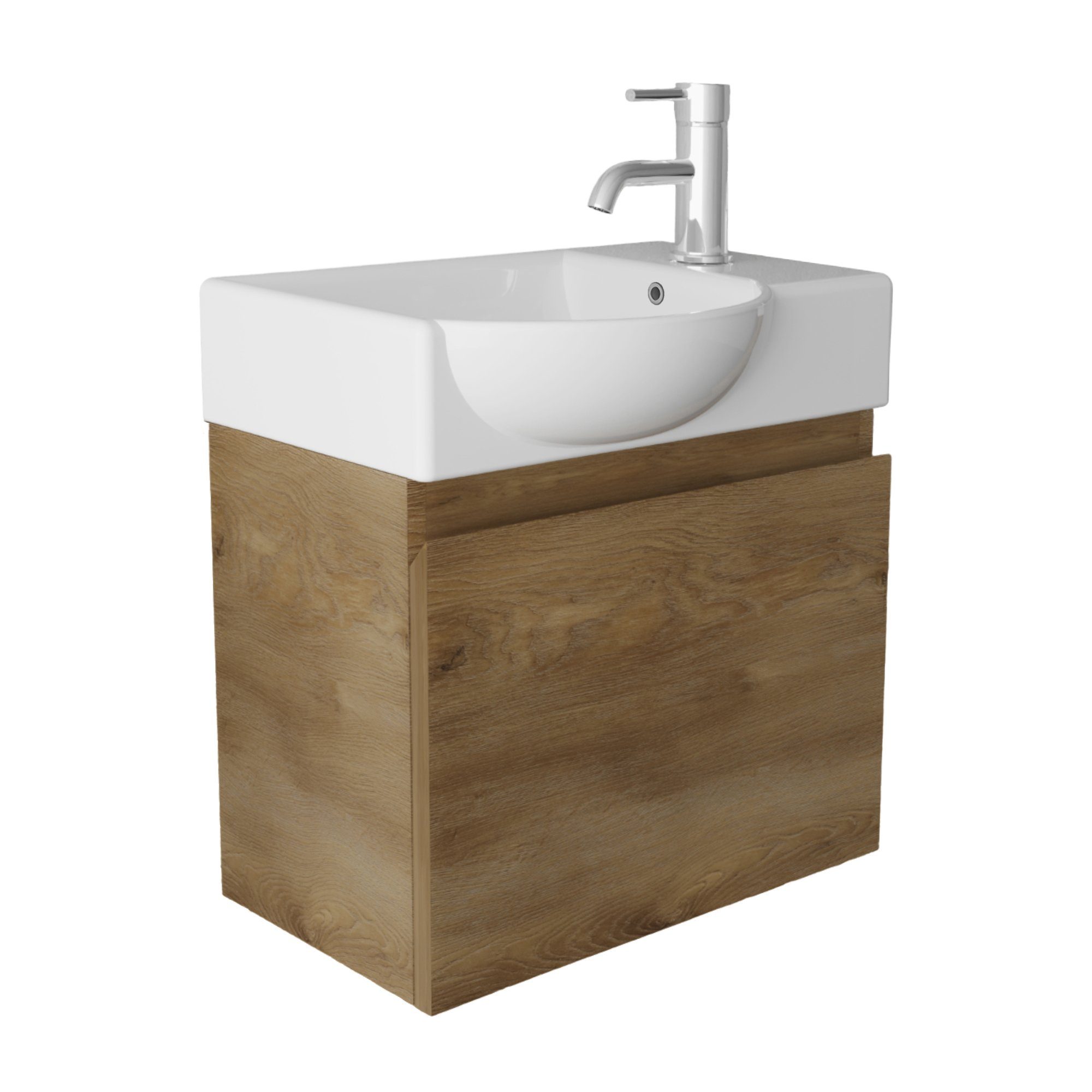 Alpenberger Badmöbel-Set - Gäste WC Waschbecken mit Unterschrank 45 cm Breit, (Badschrank 2-tlg., Waschtisch hängend), Waschbeckenunterschrank mit Softclose - Farbe Eiche - Links Becken