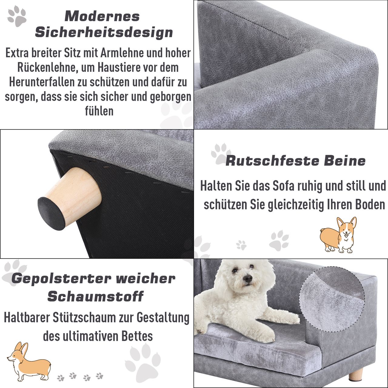 PawHut Hundesofa Haustiersofa Hundebett Hundematte Kunstleder Kurzplüsch Grau