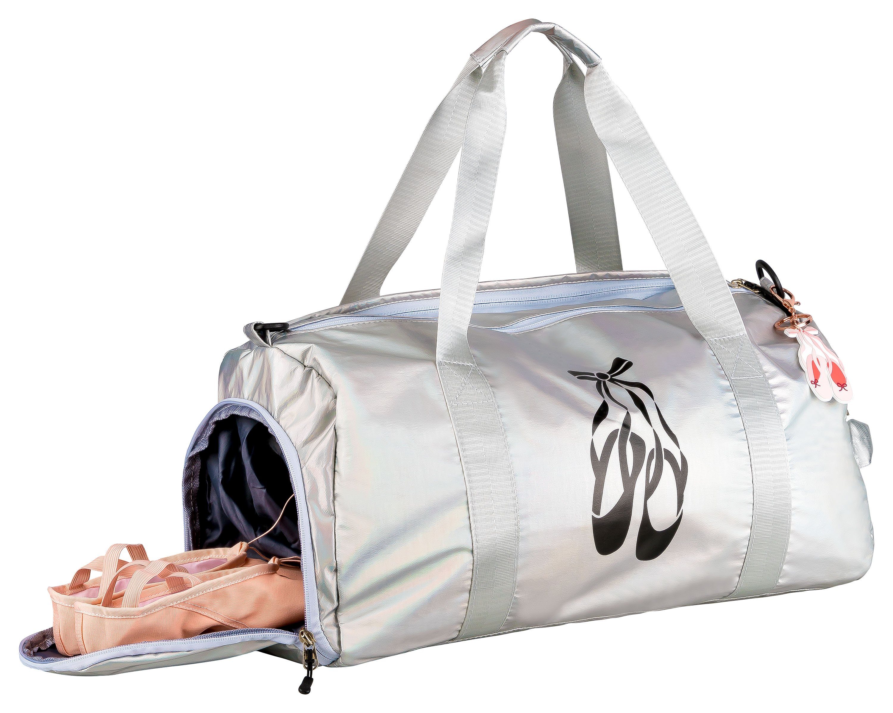 tanzmuster Sporttasche Ballett Tasche silber, mit Ballettschuhe Aufdruck
