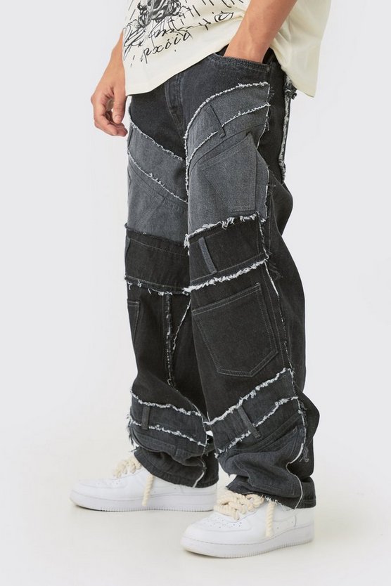 Lockere Patchwork Jeans in Schwarz