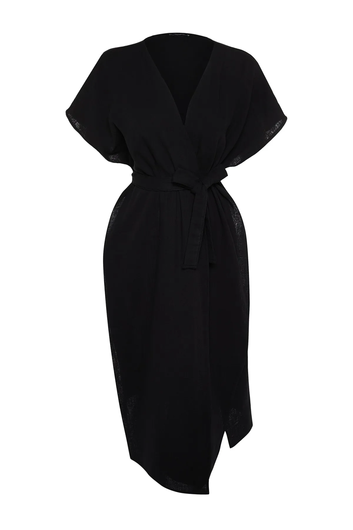 Trendyol Collection  Schwarzer Maxi-Kimono und Kaftan aus gewebtem Musselin mit Gürtel und Schlitz aus 100 % Baumwolle TBESS23KM00019
