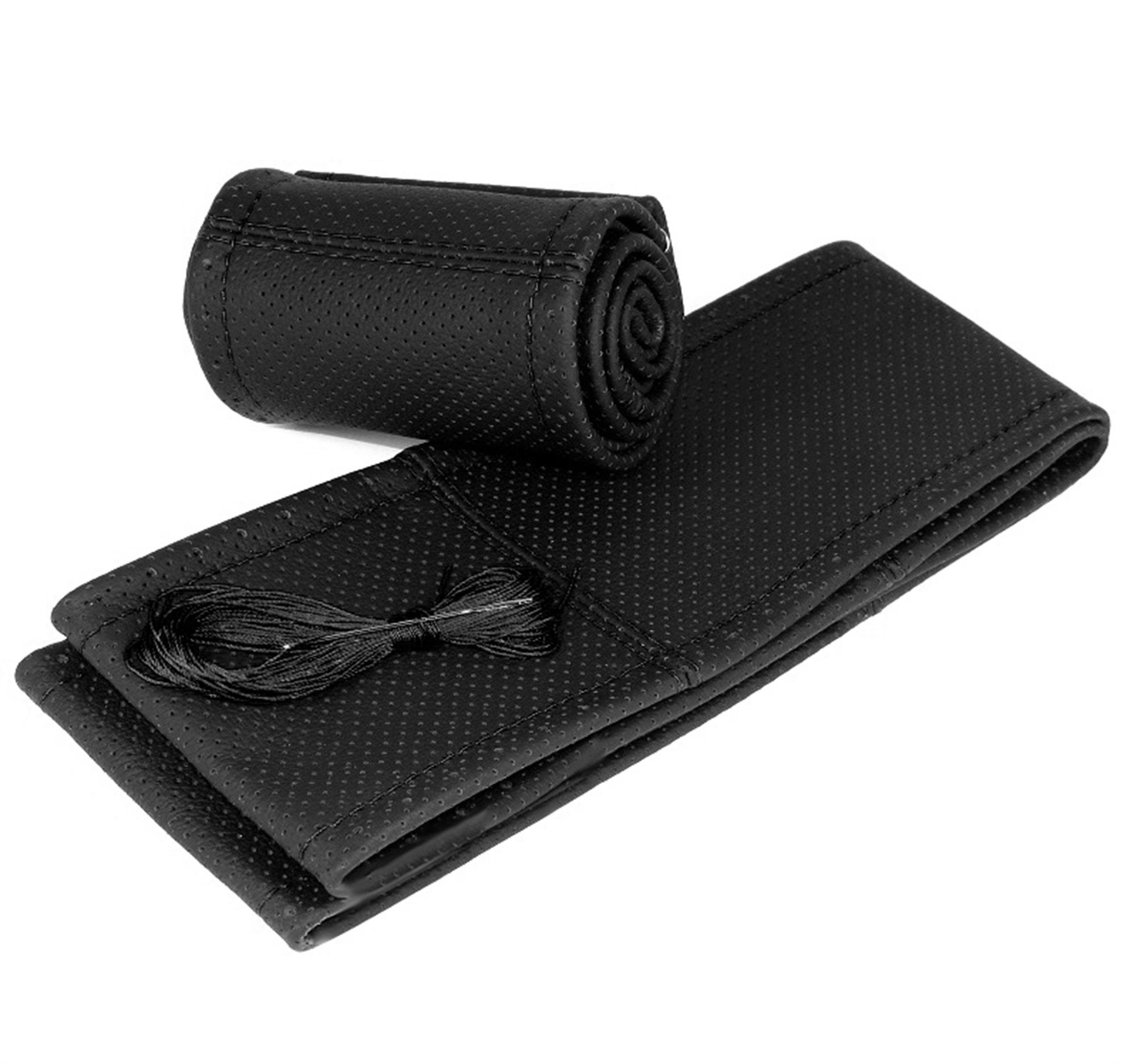 L & P Car Design Lenkradbezug Lenkradhülle Auto in schwarz mit schwarzer Naht, Ø 36 - 37 cm, perforiertes Echtleder