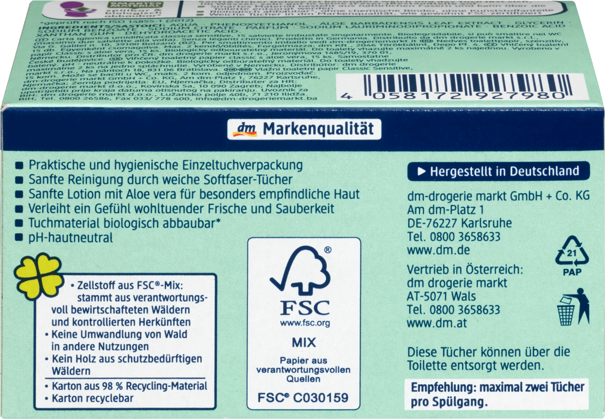 Feuchtes Toilettenpapier Classic Sensitive, 15 St