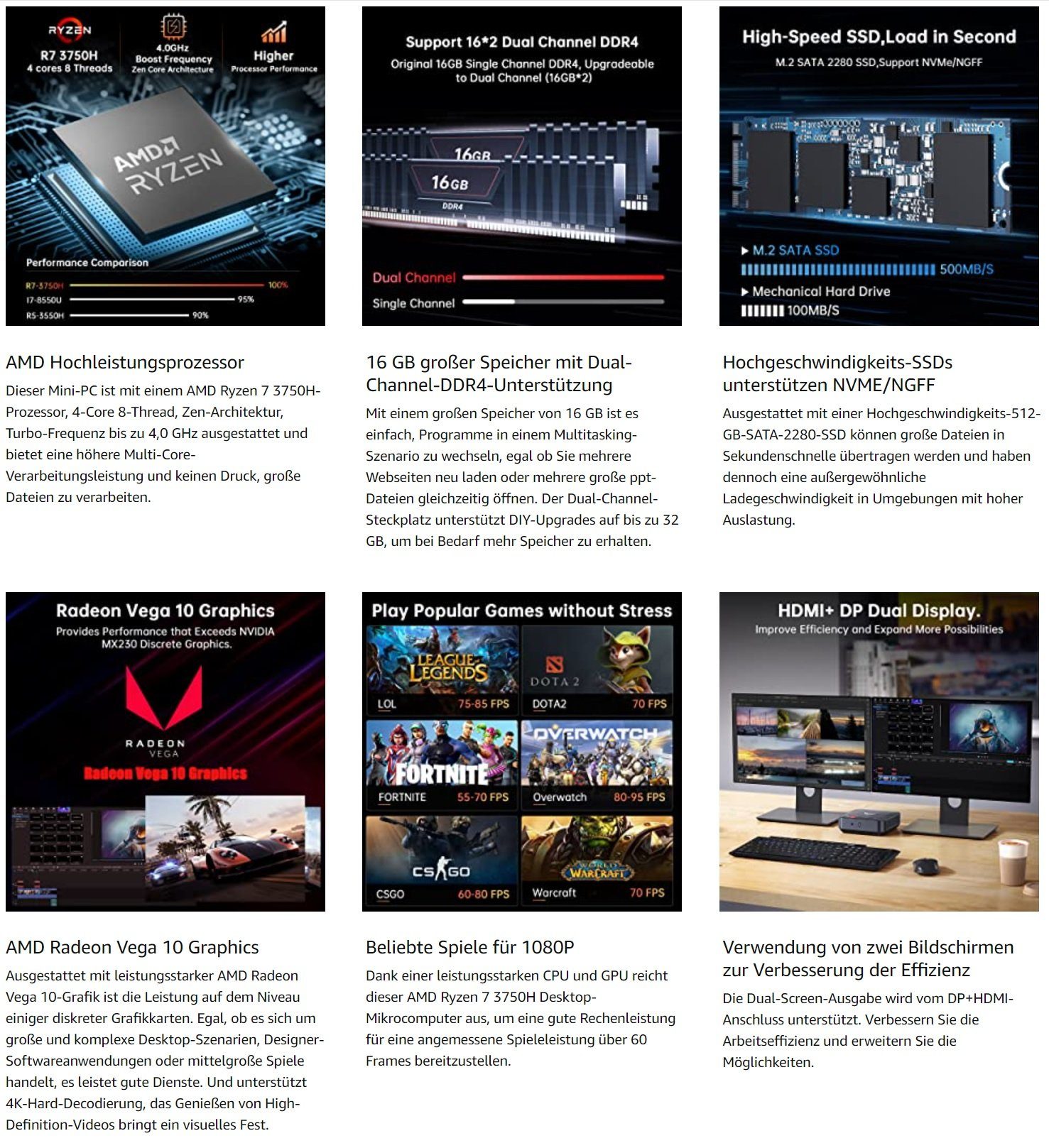 NiPoGi Business Windows Computer Mini Pc Office HomeOffice AMD Ryzen 7 3750H Mini-PC (AMD Ryzen 7, Radeon RX Vega 10, 16 GB RAM, 512 GB SSD, Luftkühlung, Multimedia, Workstation, Gaming Pc, Laptop, Zocker)