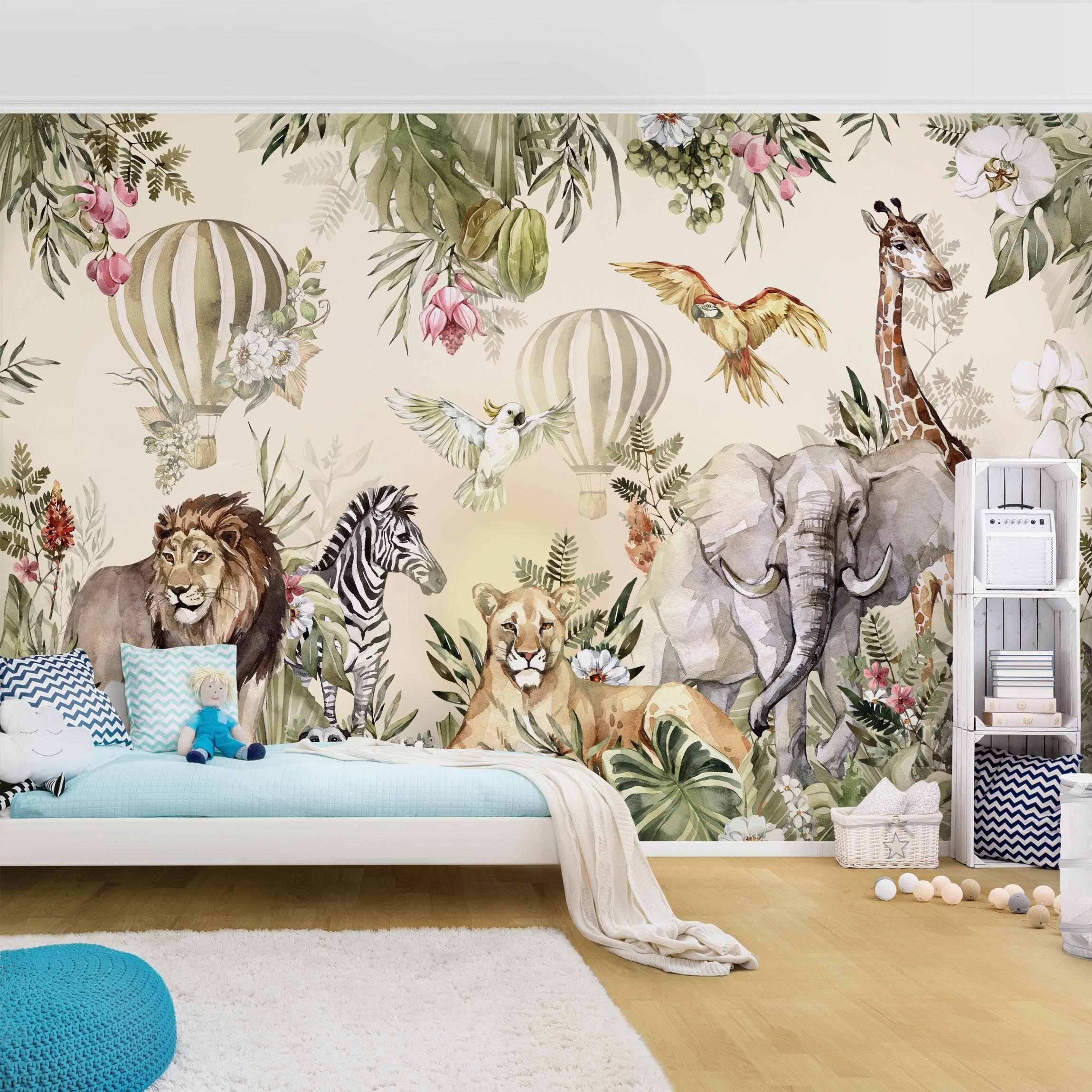 Bilderdepot24 Kindertapete Kinderzimmer Aquarell Tiere Ballon Dschungel Kinder Wanddeko, Glatt, Matt, (Inklusive Gratis-Kleister oder selbstklebend), Mädchenzimmer Jungenzimmer Babyzimmer Bildtapete Fototapete Wandtapete
