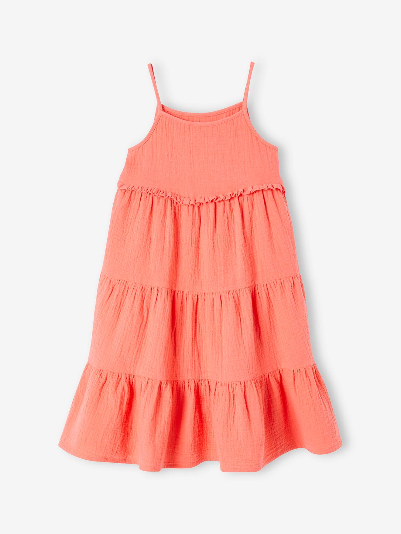 Vertbaudet Langes Mädchen Trägerkleid - orange bedruckt