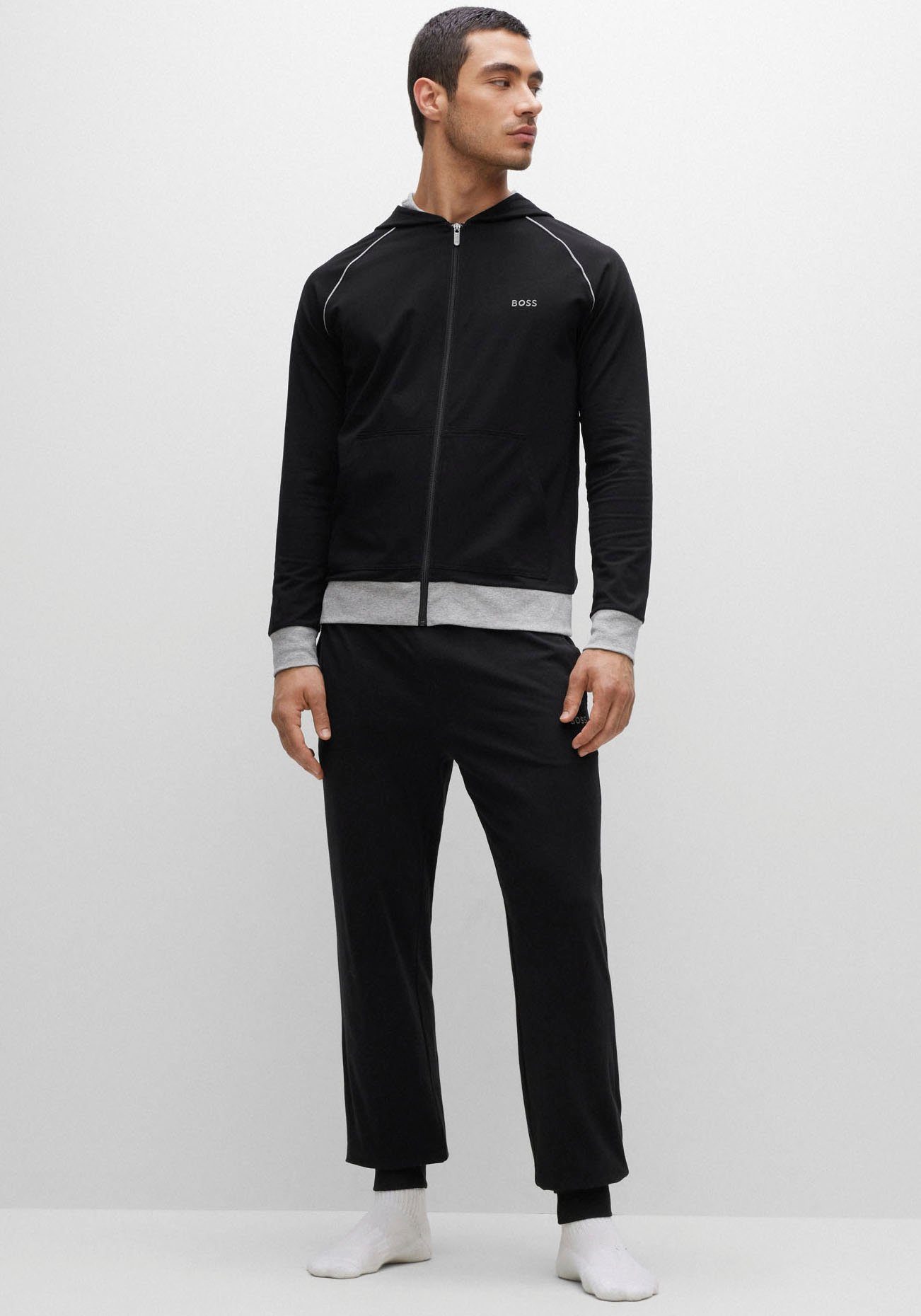 BOSS Kapuzensweatjacke mit kontrastfarbigen Bündchen
