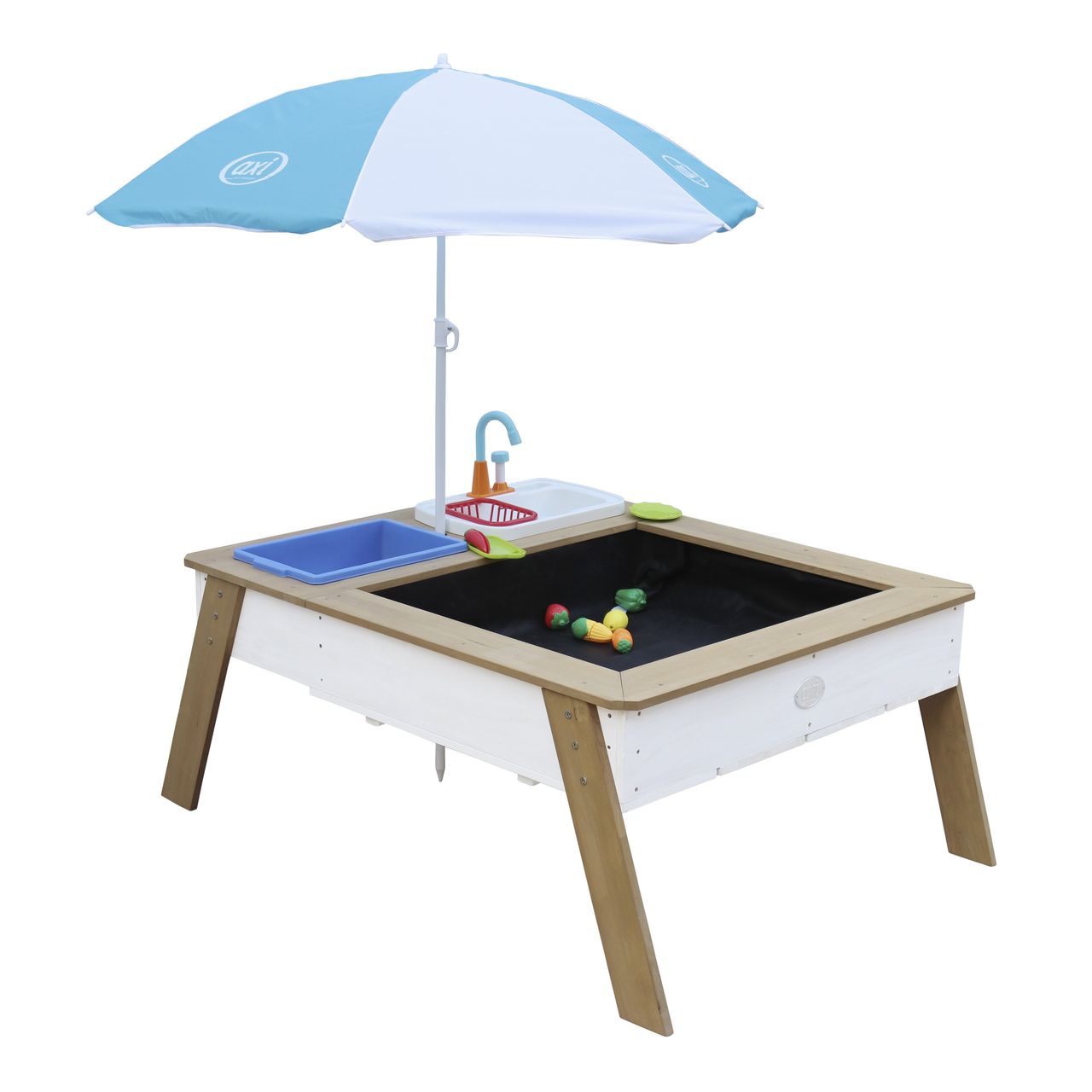 AXI Linda Sand & Wassertisch mit Spielküchenspüle Braun/weiß - Sonnenschirm Blau/weiß