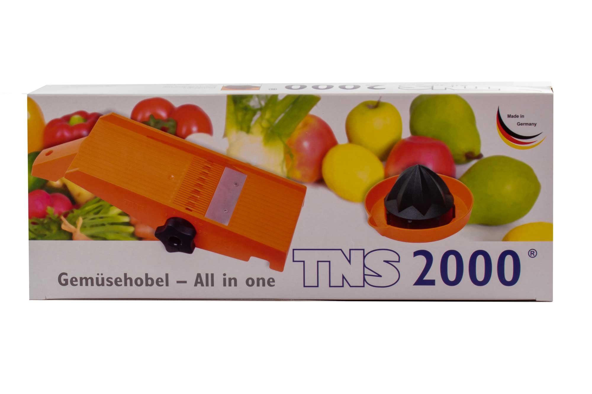 TNS 2000 Gemüsehobel TNS 2000 All in ONE Gemüsehobel Küchenhobel Gemüsereibe Blau, Kunststoff, (Hobel mit Restehalter, 2-St)