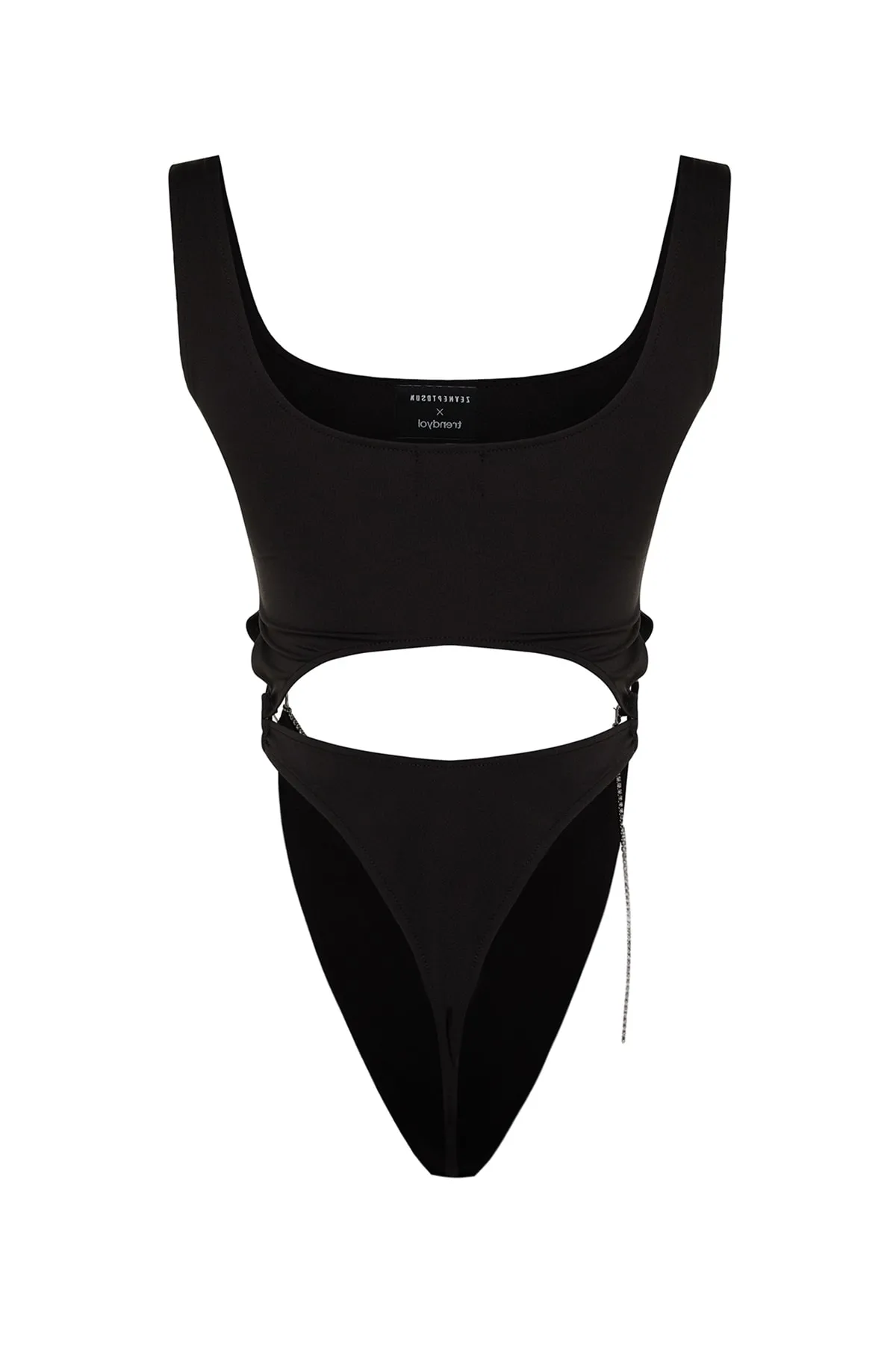 Trendyol Collection  X Zeynep Tosun Schwarzer Body mit hohem Beinausschnitt und Kettendetail TCLSS23BD00004