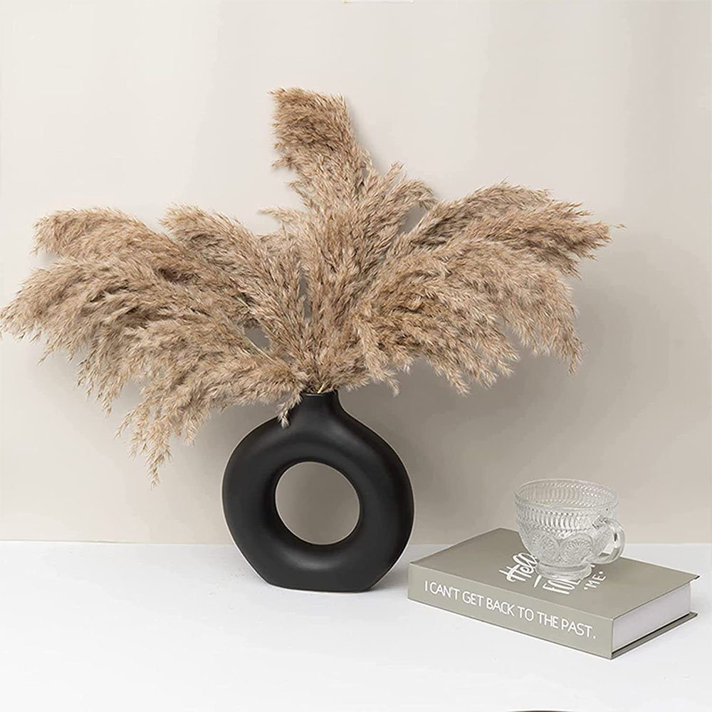 zggzerg Dekovase Keramik Vase für Pampasgras, Schwarze Donut Vase Deko Wohnzimmer Runde