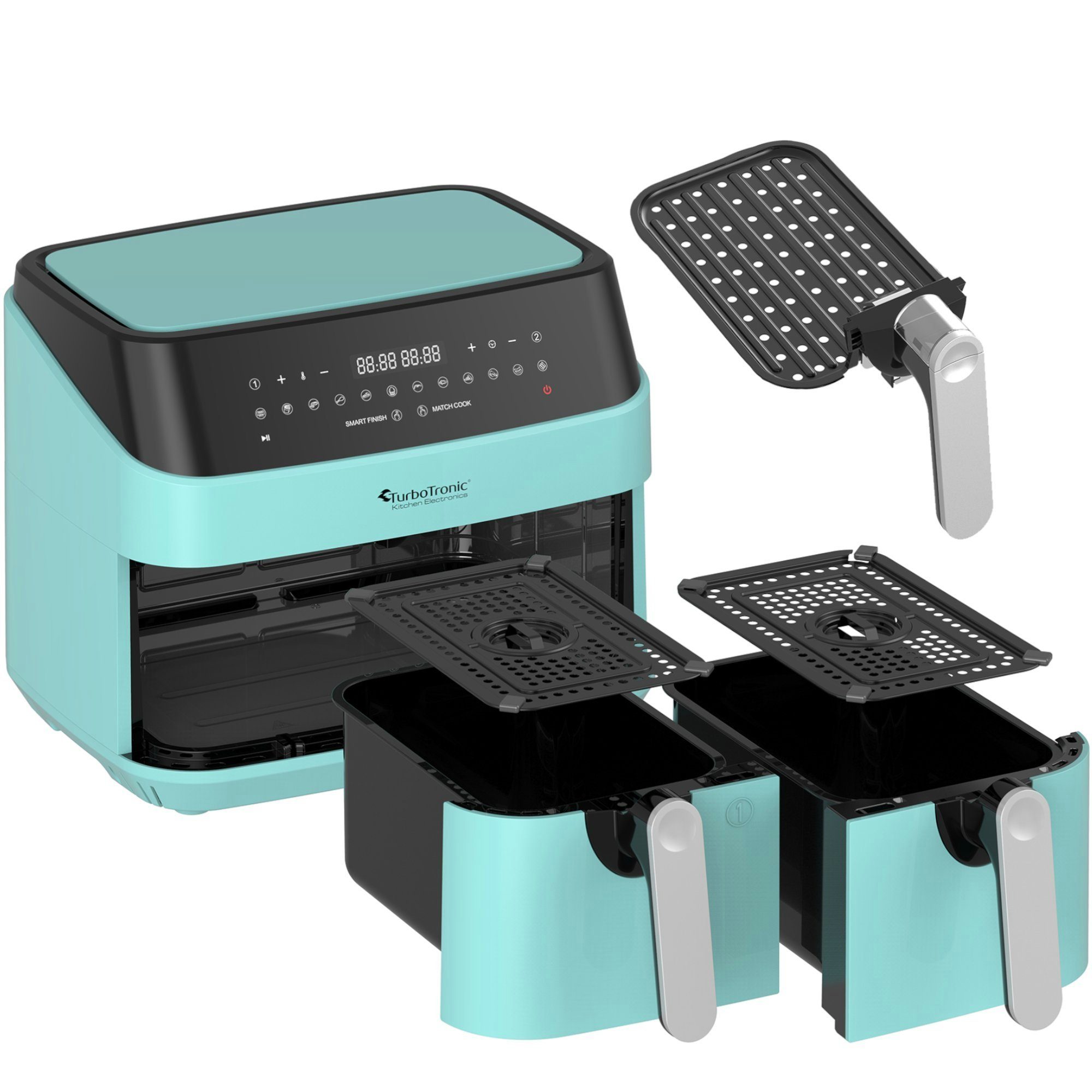 TurboTronic by Z-Line Heißluftfritteuse XXL Doppelkammer 2x 4,5 Liter, 50°C - 200°C, Power, dual, Camping, 1600 W, Fritteuse ohne Fett, digitaler doppel Airfryer Fettfrei
