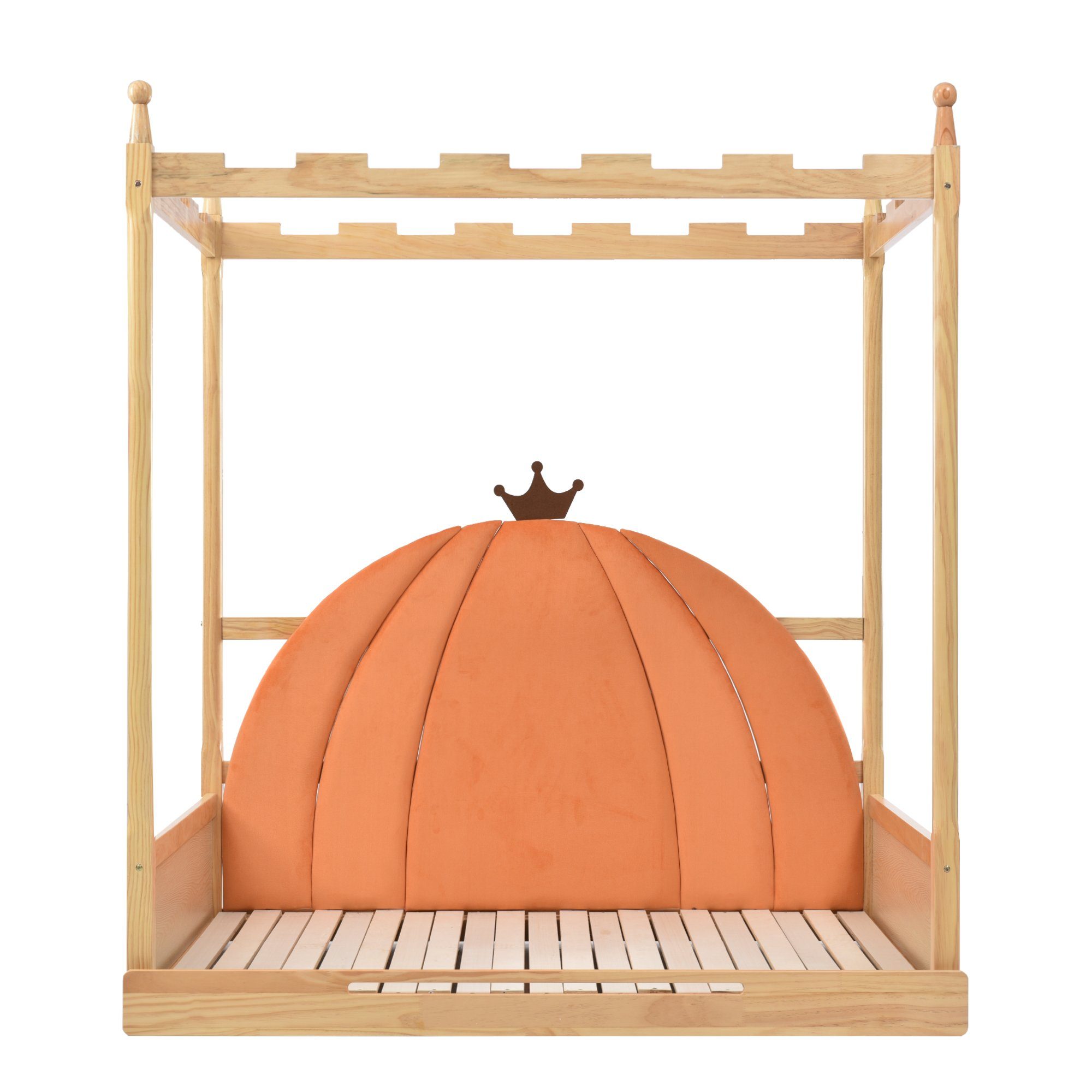 Gotagee Himmelbett Erweiterbares Holzbett Kinderbett Doppelbett Kiefernholz 140x100&200cm, Samtkissen in Kürbisform
