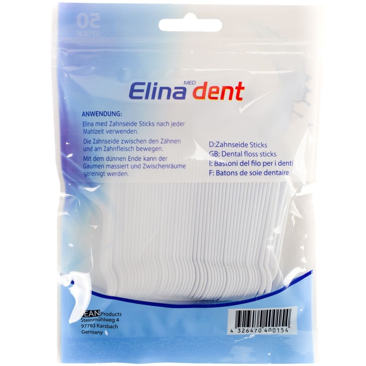 Marabellas Shop Zahnseide-Stick Elina Dent 5er Zahnseide Sticks 50-er Packung Mundpflege und Reinigung, mit Zahnstocher
