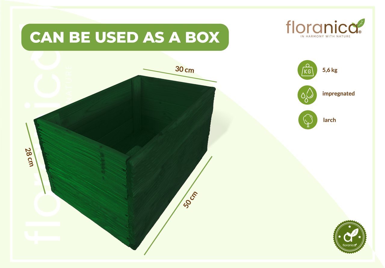 Pemicont Floranica Blumentopf aus Holz Kasten 50cm x 335cm x 285cm Grün Imprägnierte Lärche Schutzhülle für Kräuter Blumen Haus- und Gartendekoration Innen- und Außeneinsatz EU-Produkt
