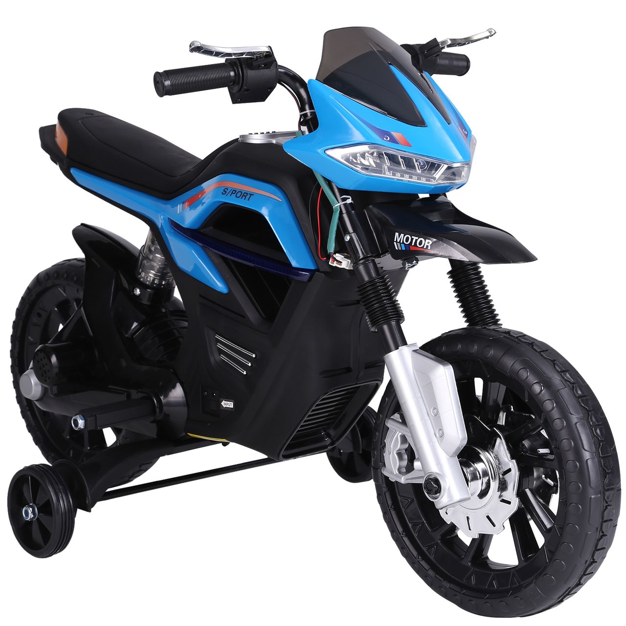 HOMCOM Kindermotorrad Kinder-Elektromotorrad Elektro-Motorrad für Kinder 3-6 Jahren Licht Musik MP3 Elektrofahrzeug mit Stützrädern maximal 3 km/h Metall   Kunststoff Blau 105 x 52,3 x 62,3 cm