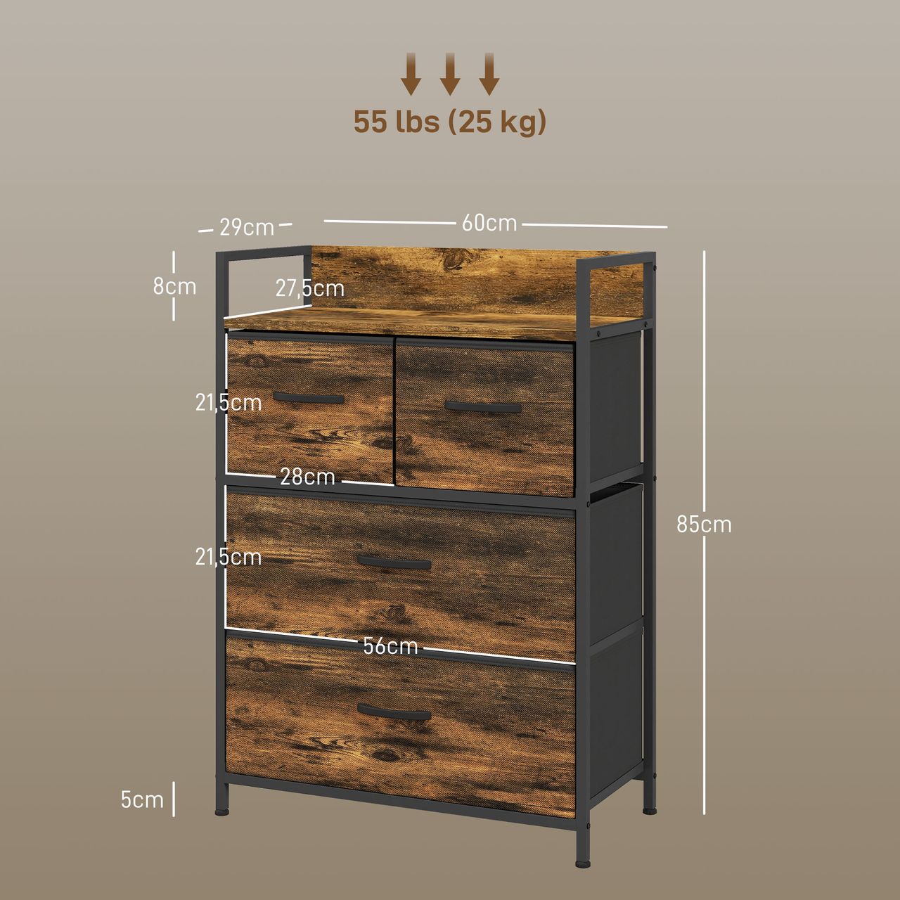 HOMCOM Kommode, Sideboard mit 4 Faltbaren Schubladen aus Stoff, Regal und Griff
