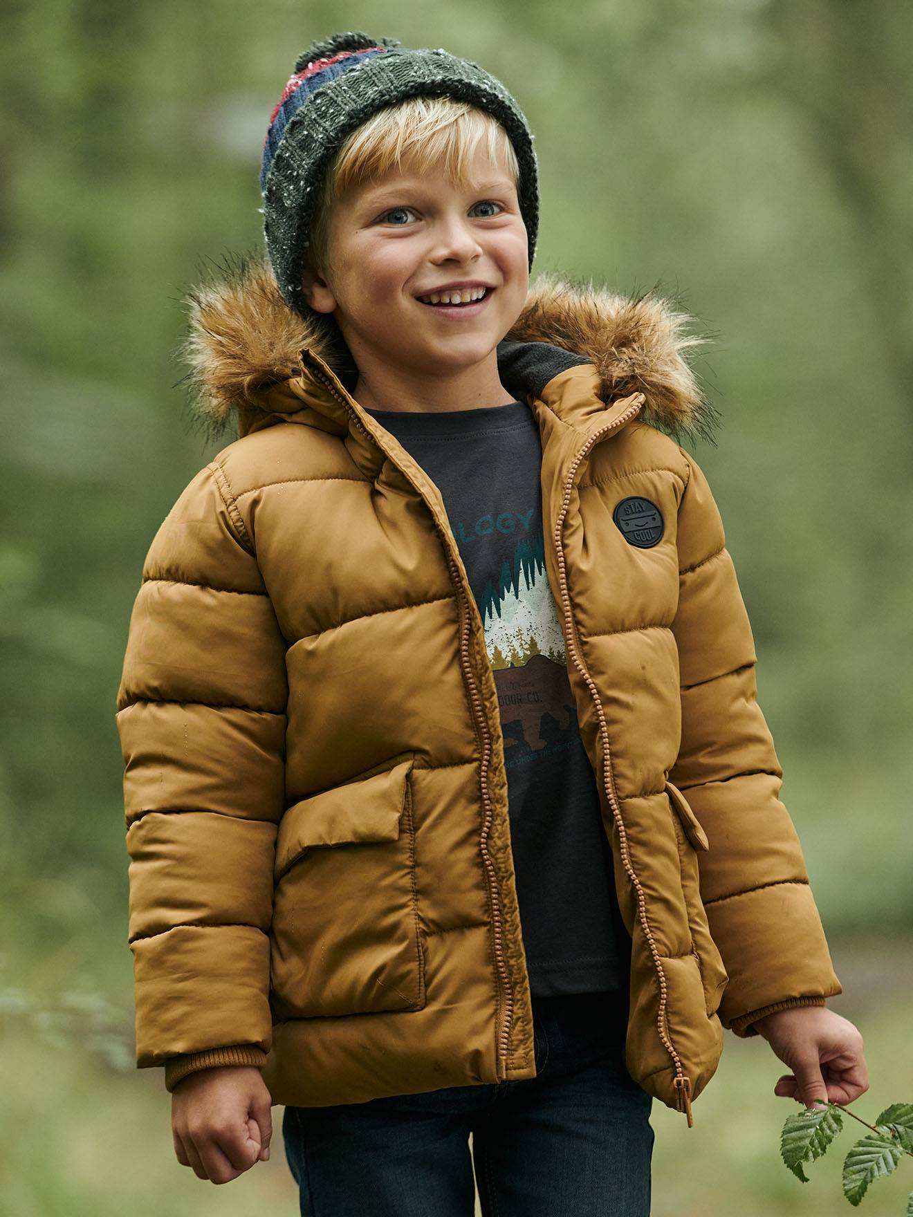 Doudoune à capuche doublée polaire avec gants ou moufles garçon bleu