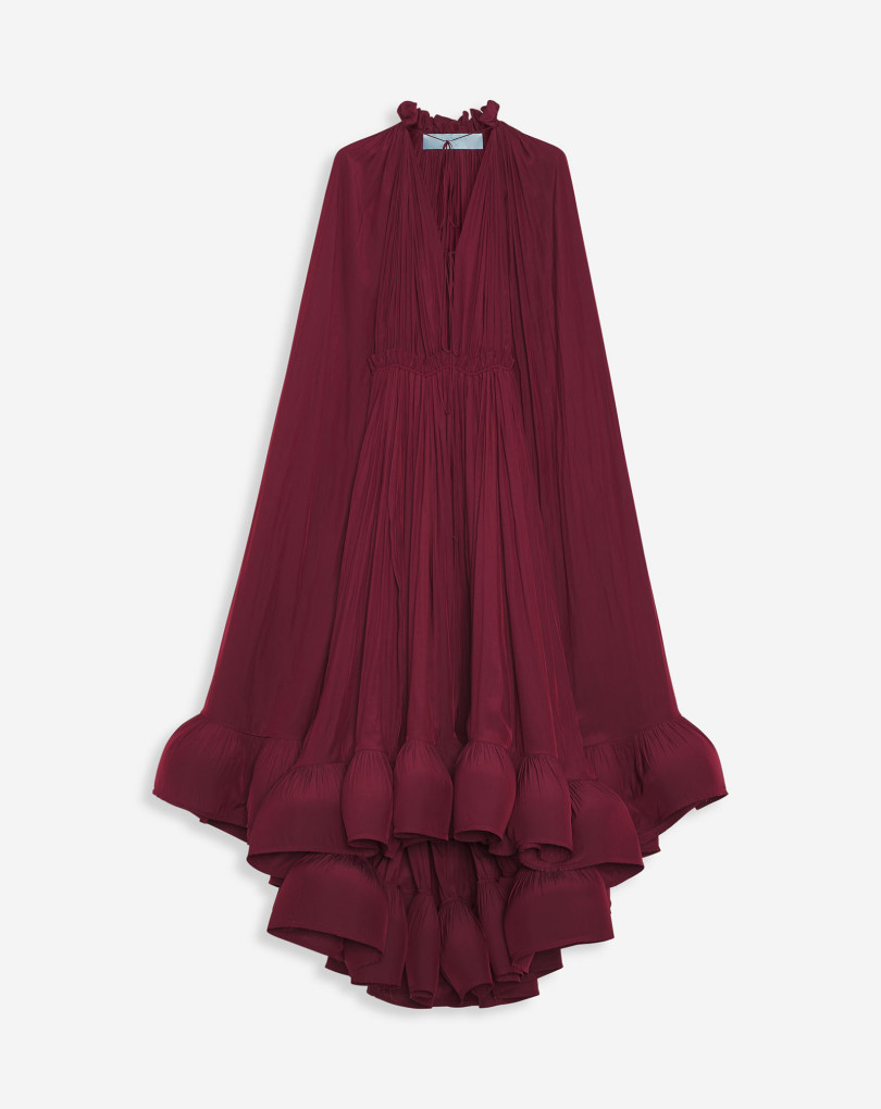 ROBE LONGUE À VOLANTS EN CHARMEUSE
