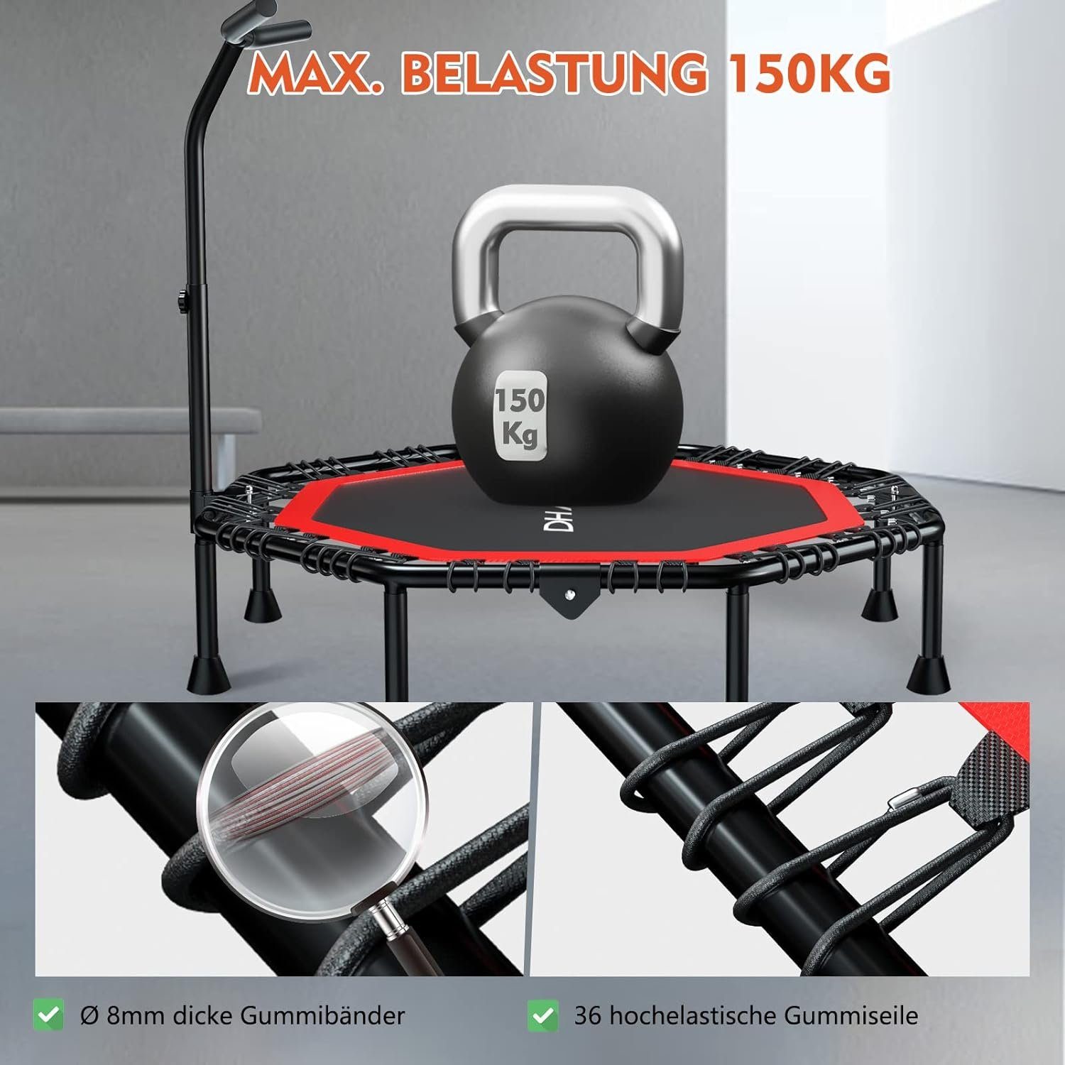 DH FitLife Fitnesstrampolin Fitness Trampolin klappbar, Leise Gummiseilfederung ohne Installation, Ø 128 cm, Indoor & Outdoor Jumping, mit 3 verstellbaren Handgriffstufen