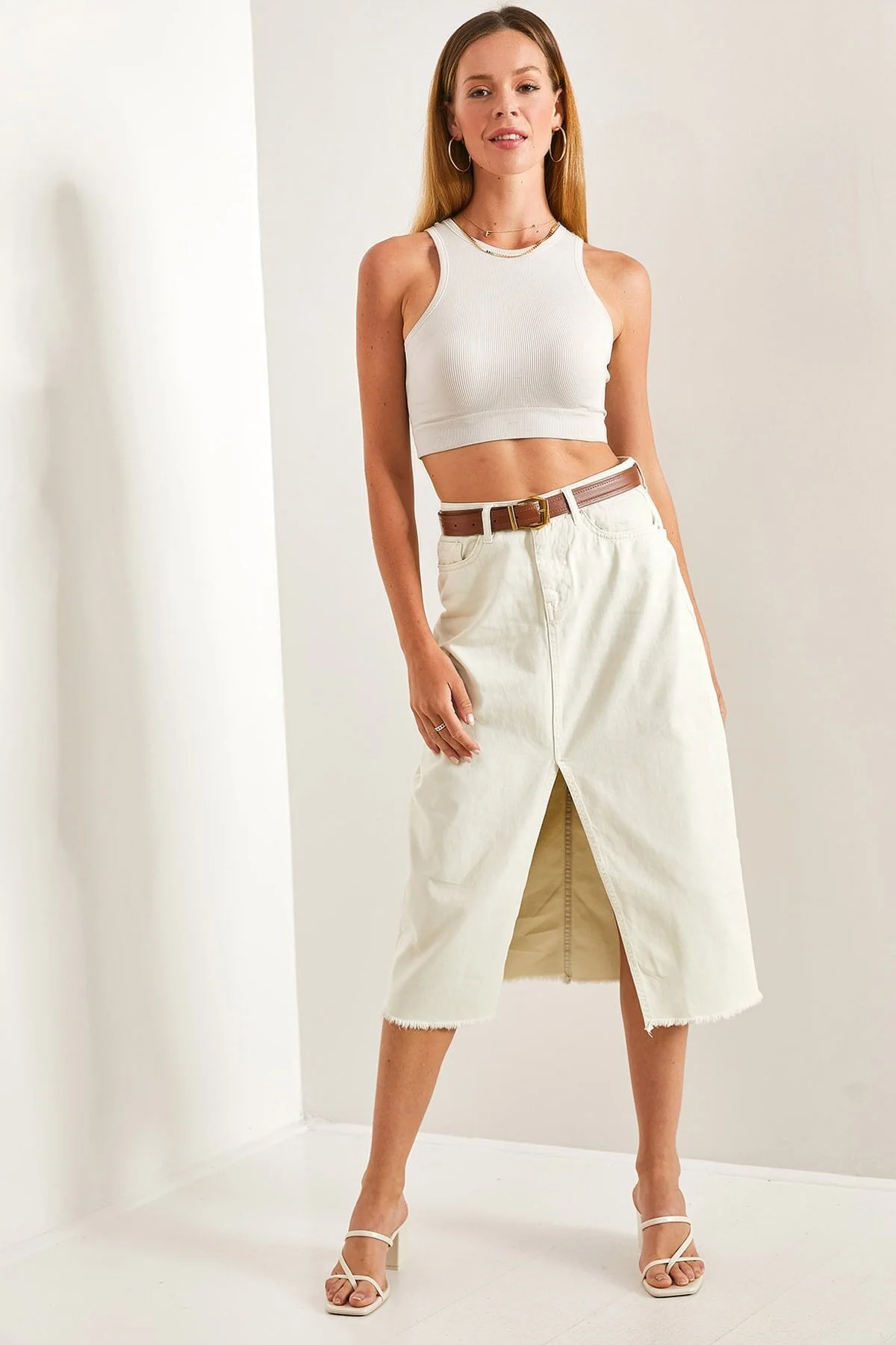 Bianco Lucci  Lasergeschnittener, geschlitzter Jeansrock für Damen
