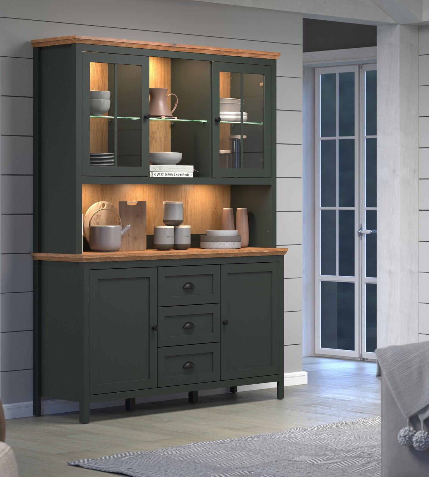 trendteam Buffet Stanton (Buffetschrank in Landhaus grün mit Eiche, 146 x 198 cm) mit LED Beleuchtung