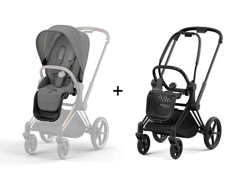 Poussette PRIAM 4 châssis Matt Black habillage Manhattan Grey Plus