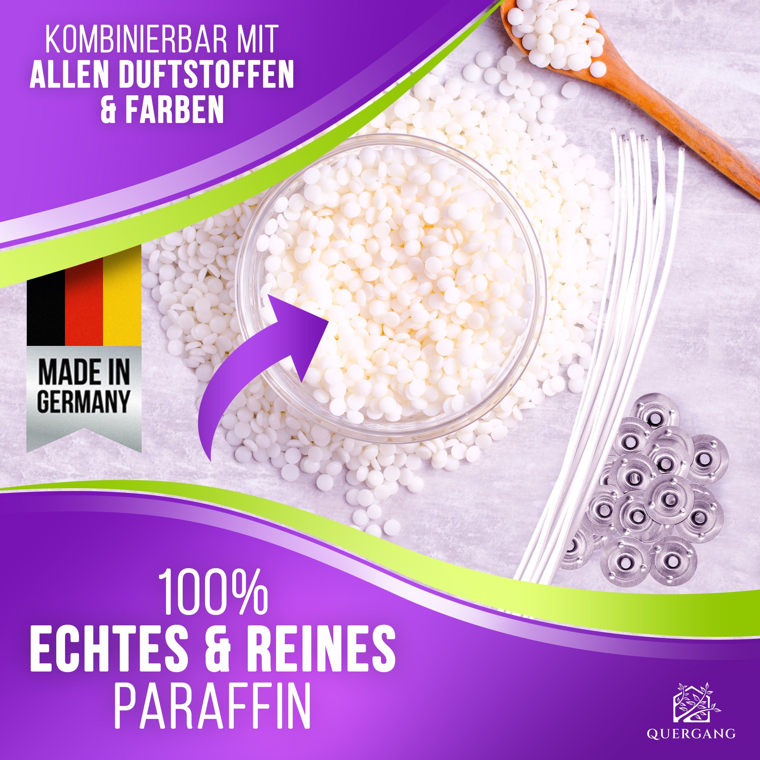 Quergang Paraffinwachs Pastillen 2kg inkl. Dochte und Dochthalter - Kerzenwachs Wachsgranulat für, optimale Ergebnisse Dank niedrigem Schmelzpunkt und geringem Ölgehalt