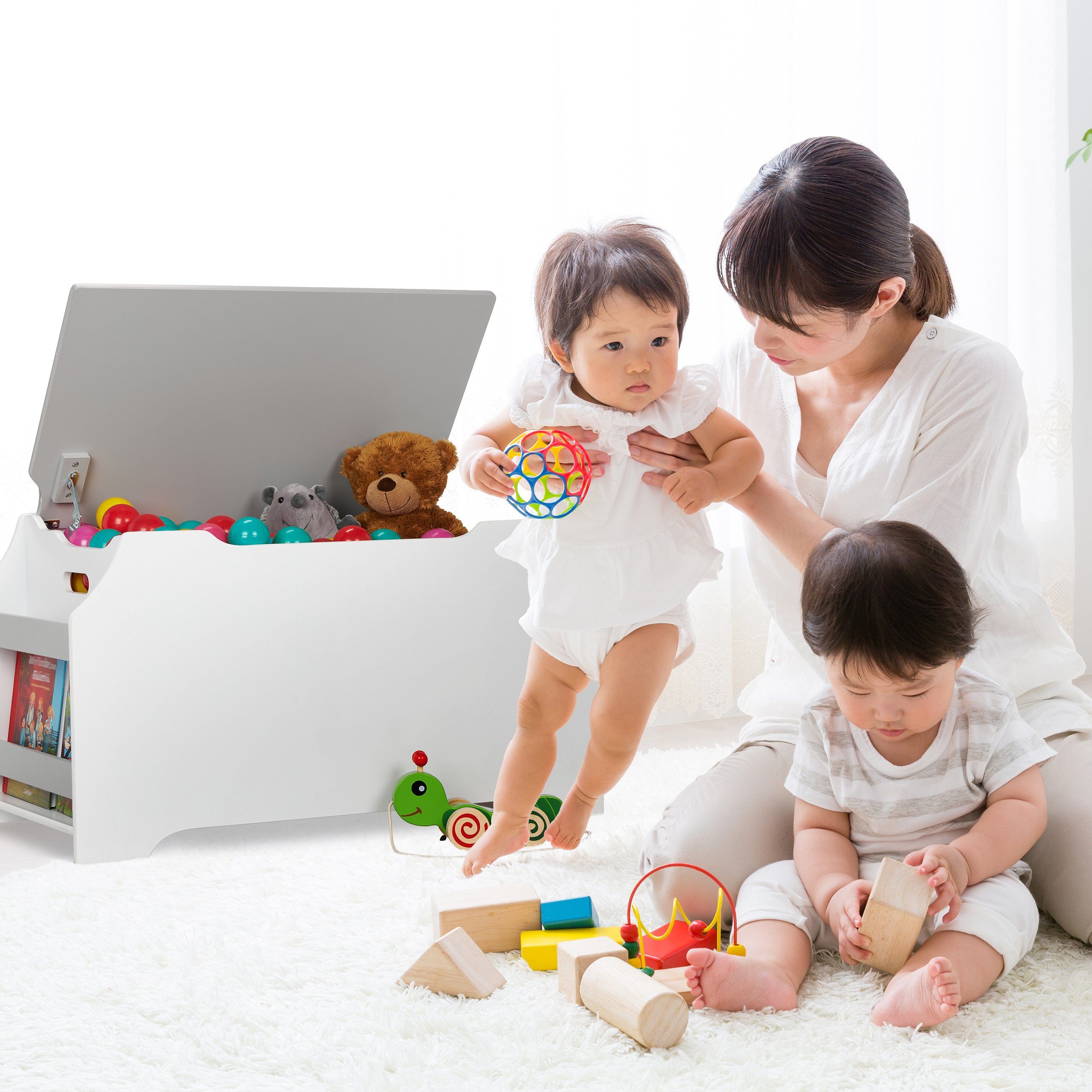 relaxdays Spielzeugtruhe Spielzeugtruhe mit Bücherfächern