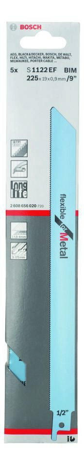 Bosch Blue Accessories 2608656020 S1122EF Fűrészlap, rugalmas fémhez, 225 mm, 5 darabos
