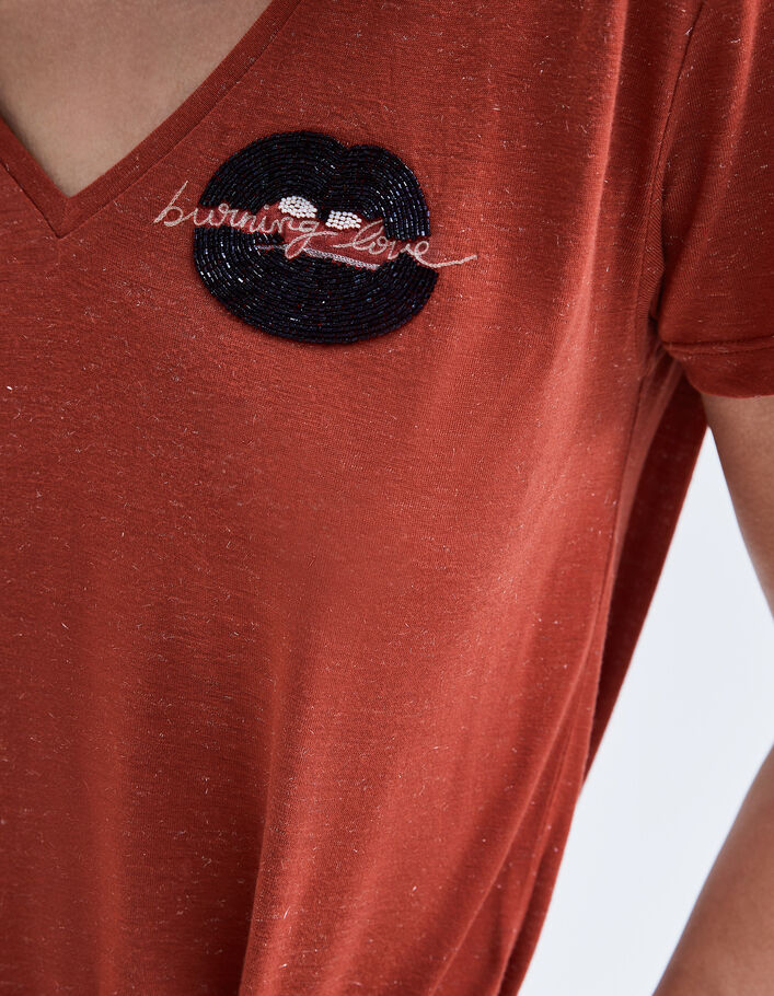 Tee-shirt tomette pailleté bouche brodée Femme