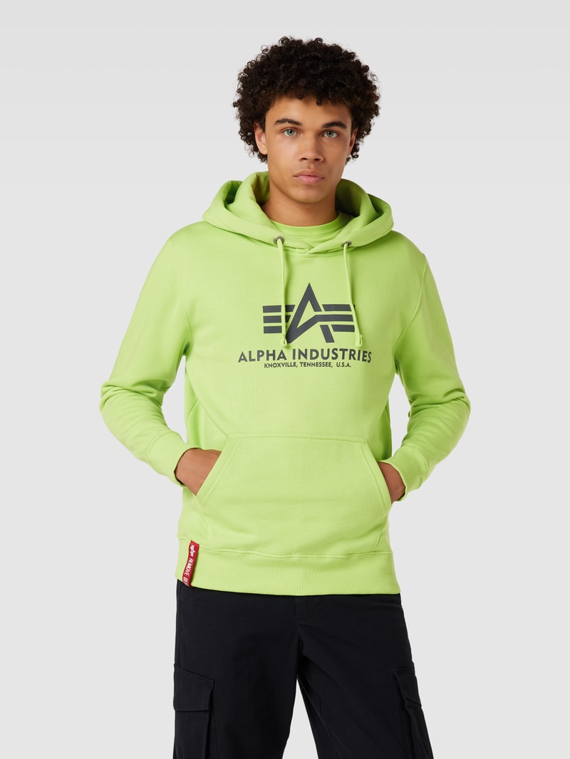 Hoodie mit Label-Print Modell 'BASIC' in neon gelb