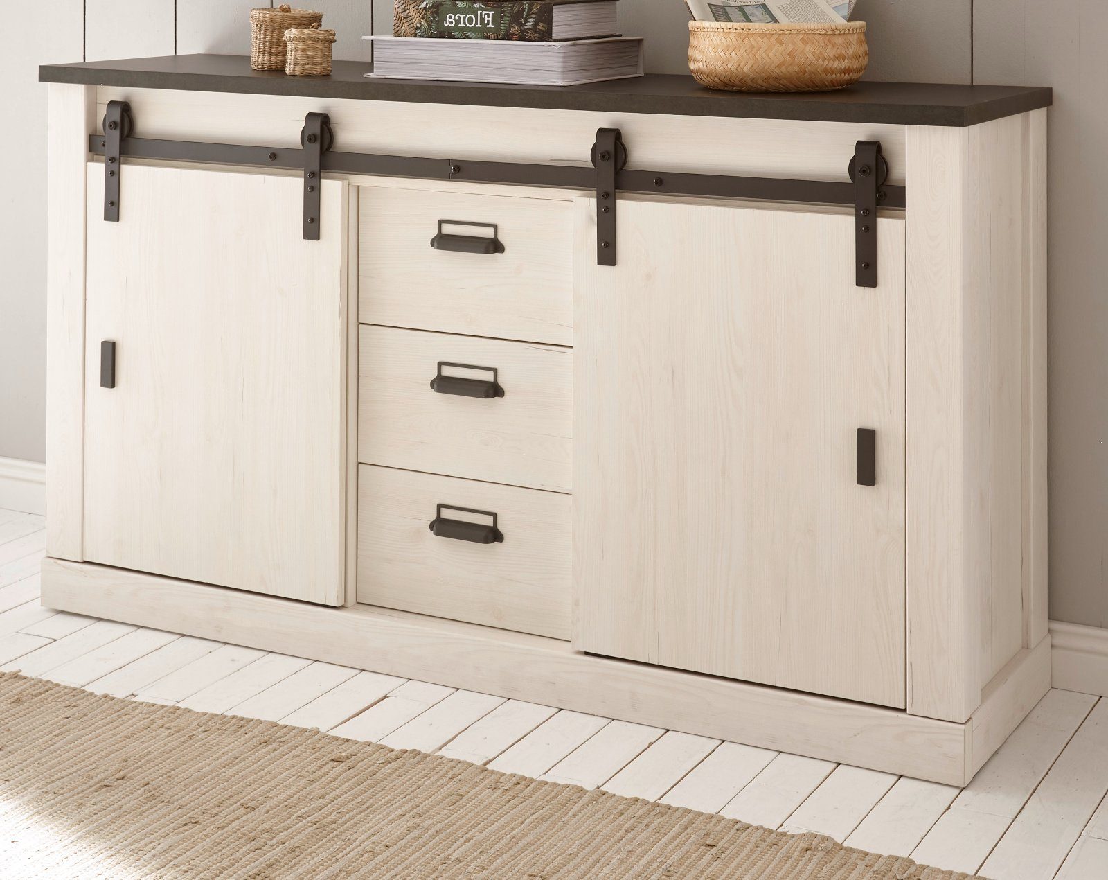 Furn.Design Esszimmer-Set Stove, (Komplett-Set in Pinie weiß Landhaus, 3-teilig inkl. Esstisch), mit Scheunentorbeschlag