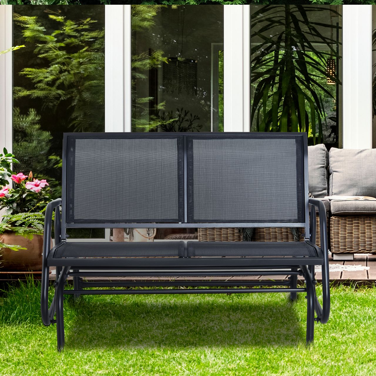 Outsunny Schaukelbank 2-Sitzer Gartenbank Gartenschaukel Sitzbank Parkbank Metall Gartenmöbel Schwarz 120 x 70 x 88 cm