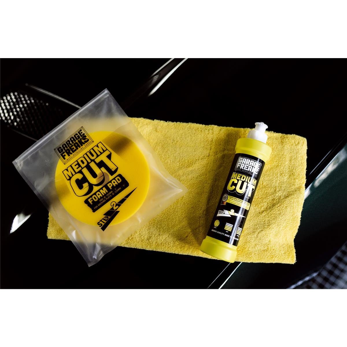 Garage Freaks Exzenter Poliermaschine Polierset - PLSH H15, 15mm Hub, 125mm Stützteller, 5000 min. U/min, 2100 max. U/min, + Abdeckband + 4 Autopolituren + 4 Politur Pads + 4 Mikrofasertücher
