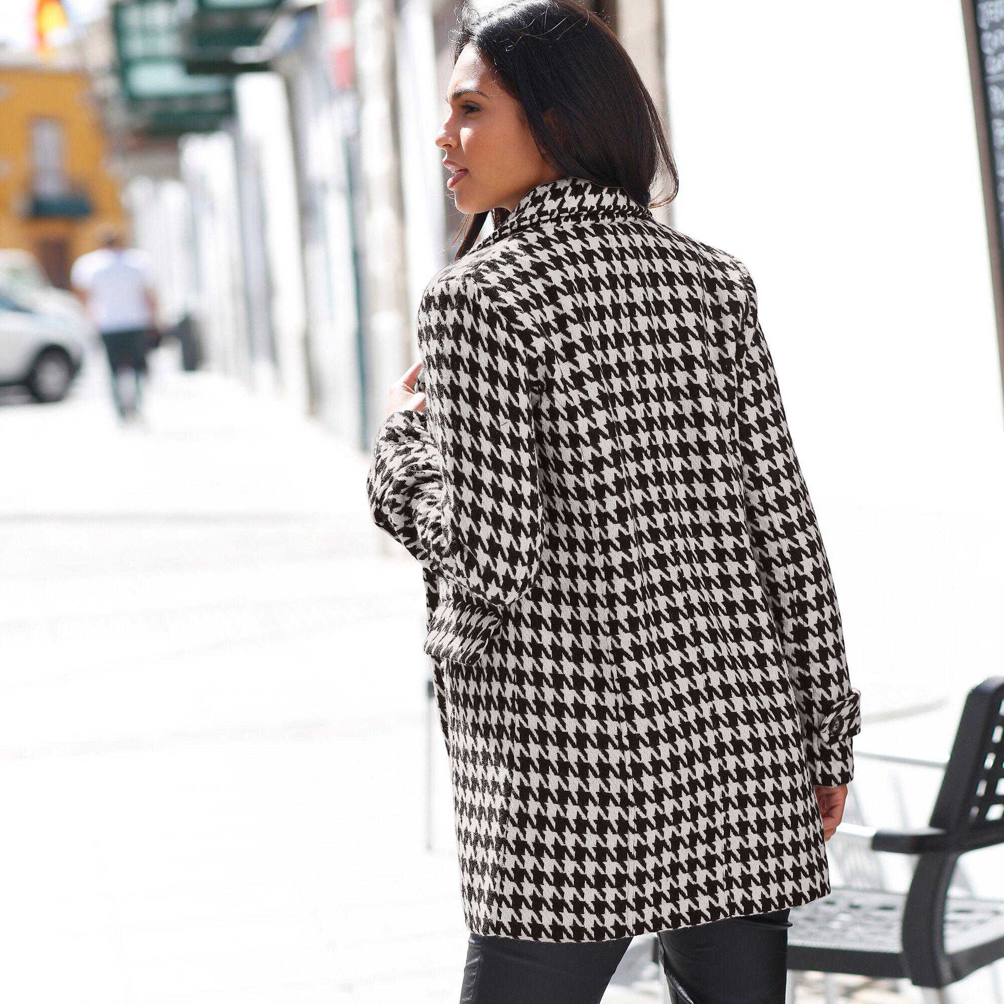 Manteau caban imprimé pied-de-poule aspect drap de laine