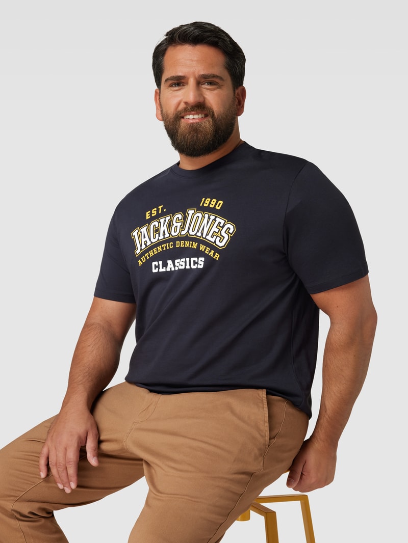 PLUS SIZE T-Shirt in melierter Optik Modell 'ELOGO' in dunkelblau