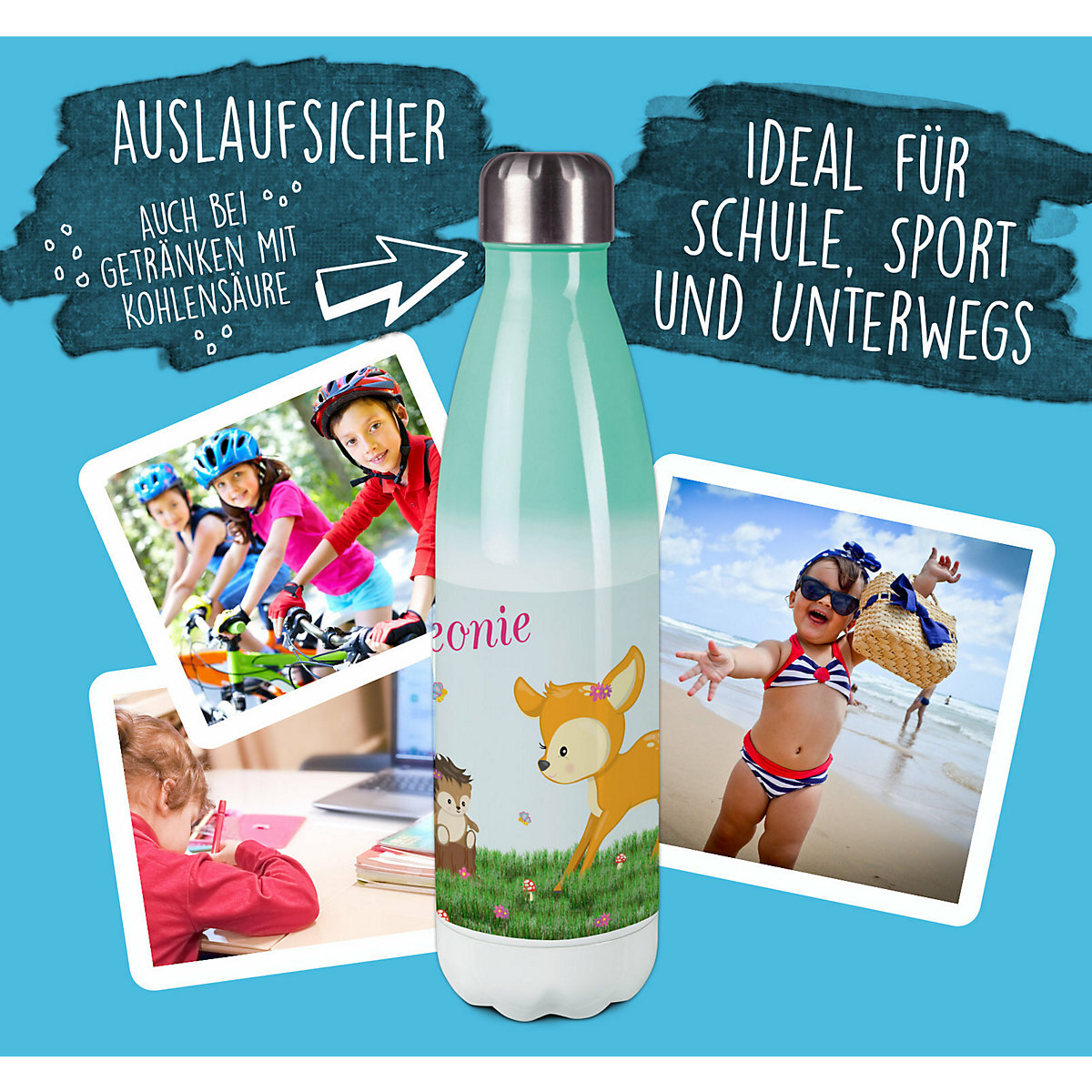 Edelstahl Kinder Thermoflasche / Trinkflasche bunt Reh Spülmaschinenfest, Auslaufsicher, Bruchfest, Doppelwandig, Für Heißgetränke geeignet, Mit Deckel, Isoliert