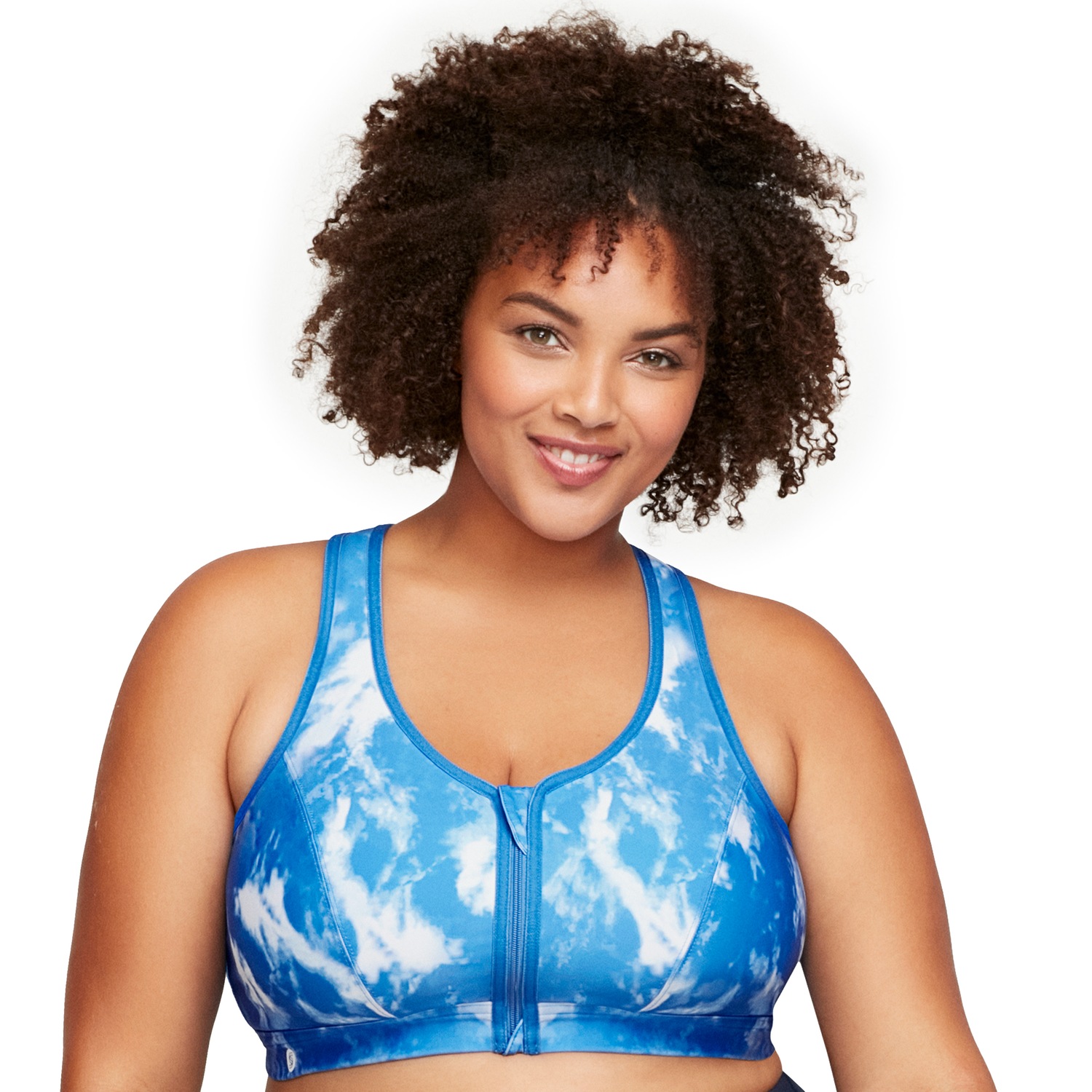 Sport-BH mit Reißverschluss vorn - Batik blau/weiß