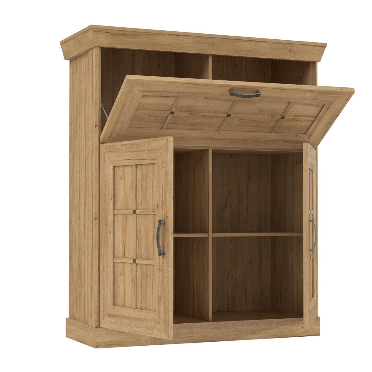 möbelando Barschrank Kalamaria Barschrank im modernen Landhausstil aus Spanplatte in Waterford Eiche Nachbildung mit 2 Holztüren, 1 Klappe und 2 Einlegeböden. Breite 119,6 cm, Höhe 141,1 cm, Tiefe 47 cm