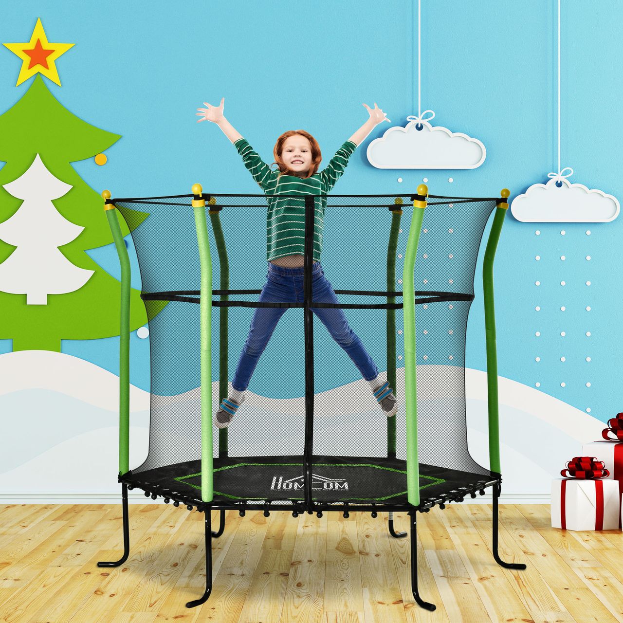 HOMCOM 5,3FT Trampolin für Kinder Gartentrampolin mit Sicherheitsnetz Randabdeckung Gummiseil gepolstert Fitness-Trampolin Mini-Trampoline mit Netz Stahl Grün 163,5H cm bis 60 kg