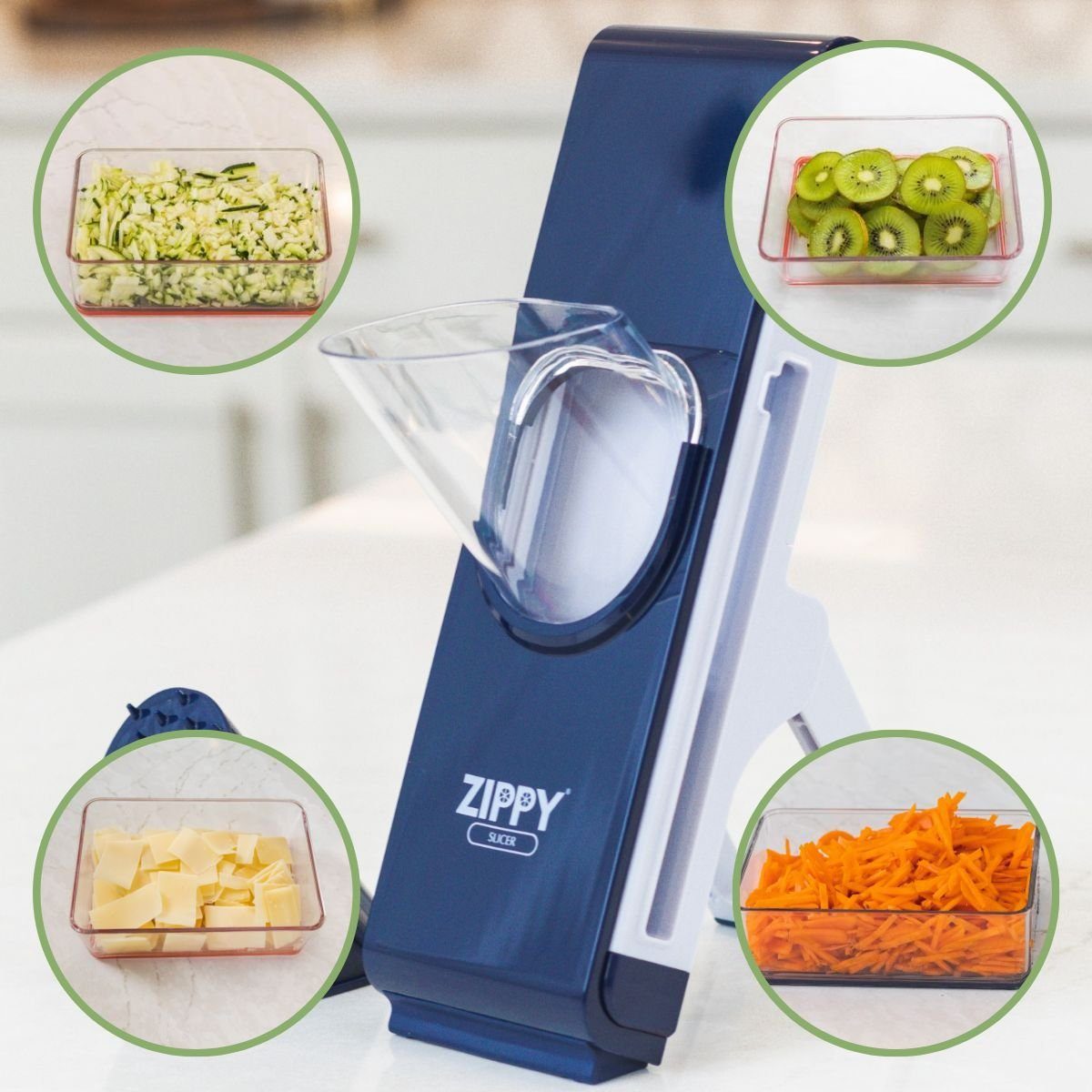 Orange-Planet Gemüsehobel Zippy Slicer Premium Gemüsehobel 4 in 1 Reiben Raspeln Schneiden, Material: Kunststoff, Edelstahl