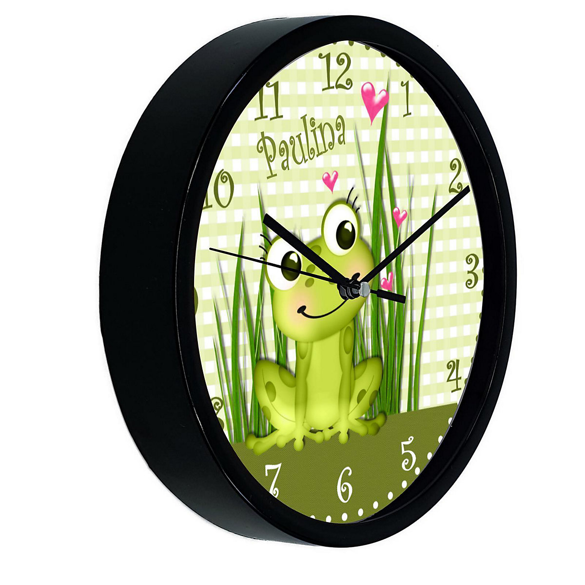 Kinder Wanduhr laufruhig personalisiert mit Name Frosch-Graß-Karo