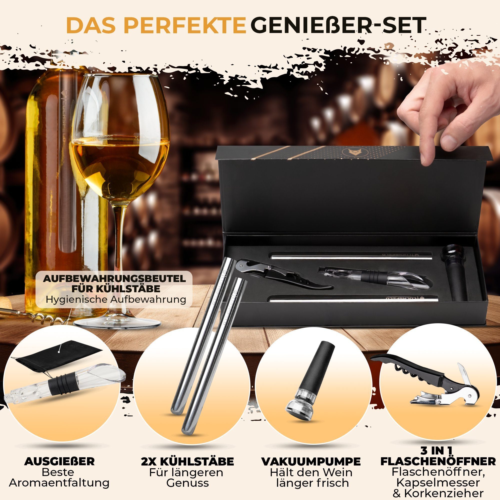 LUCHSFELD Weinkühler Weinkühlstab mit Ausgießer und Vakuumverschluss, Geschenkset